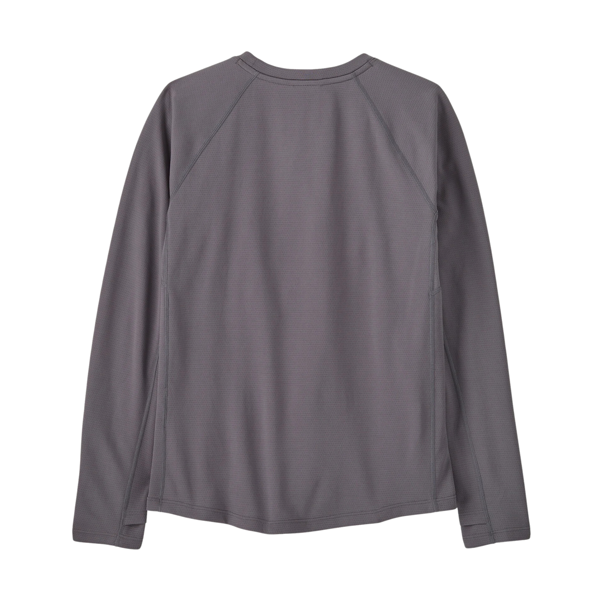 Rear view of Patagonia Kids Capilene Midweight Crew in  P-6 Outline: May_Grey with raglan shoulders, drop-tail hem and lightweight technical baselayer construction