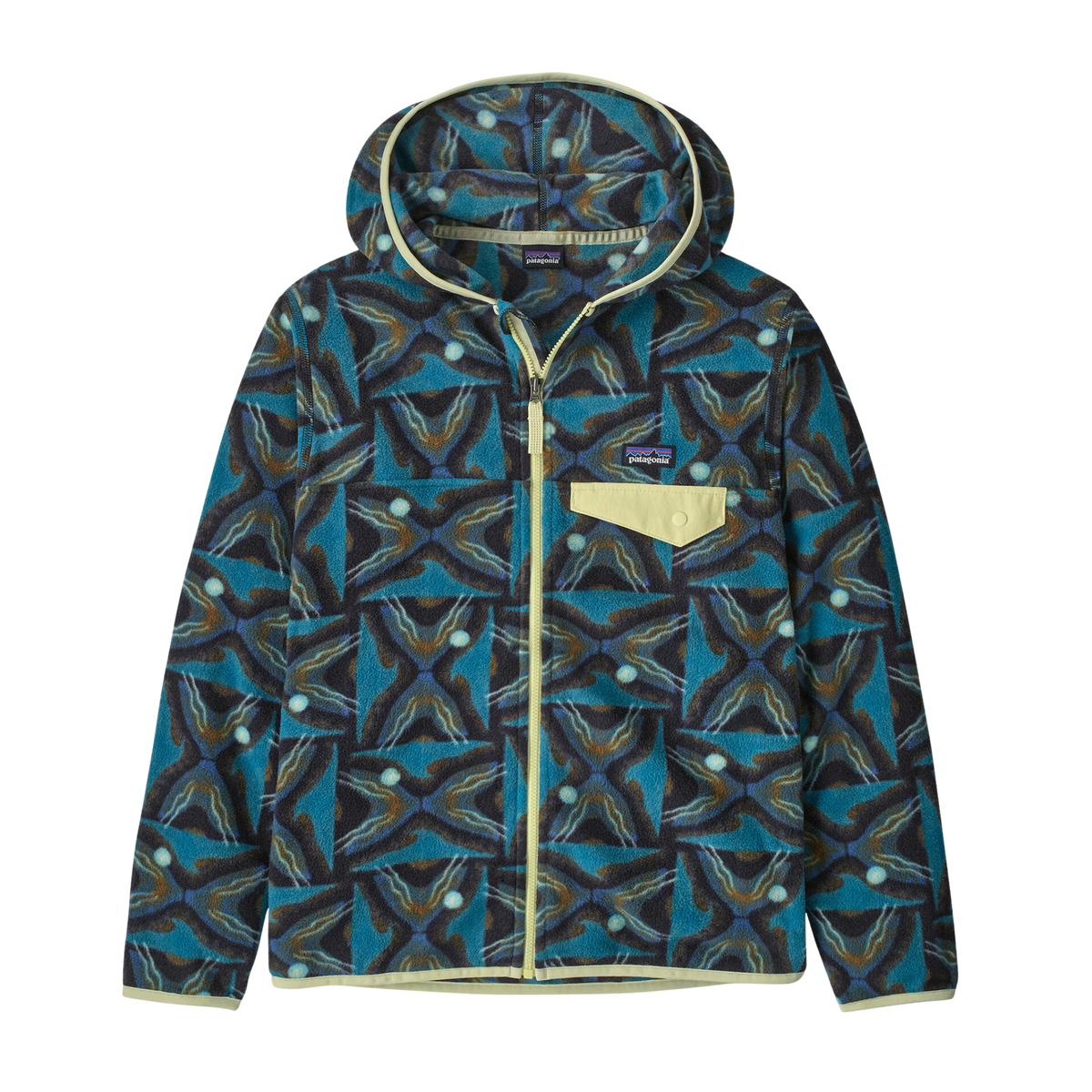 Patagonia Kids Micro D Snap-T Jacket in Deep Freeze: Black design with 100% recycled polyester microdenier fleece, full zipper, hood and snap chest pocket