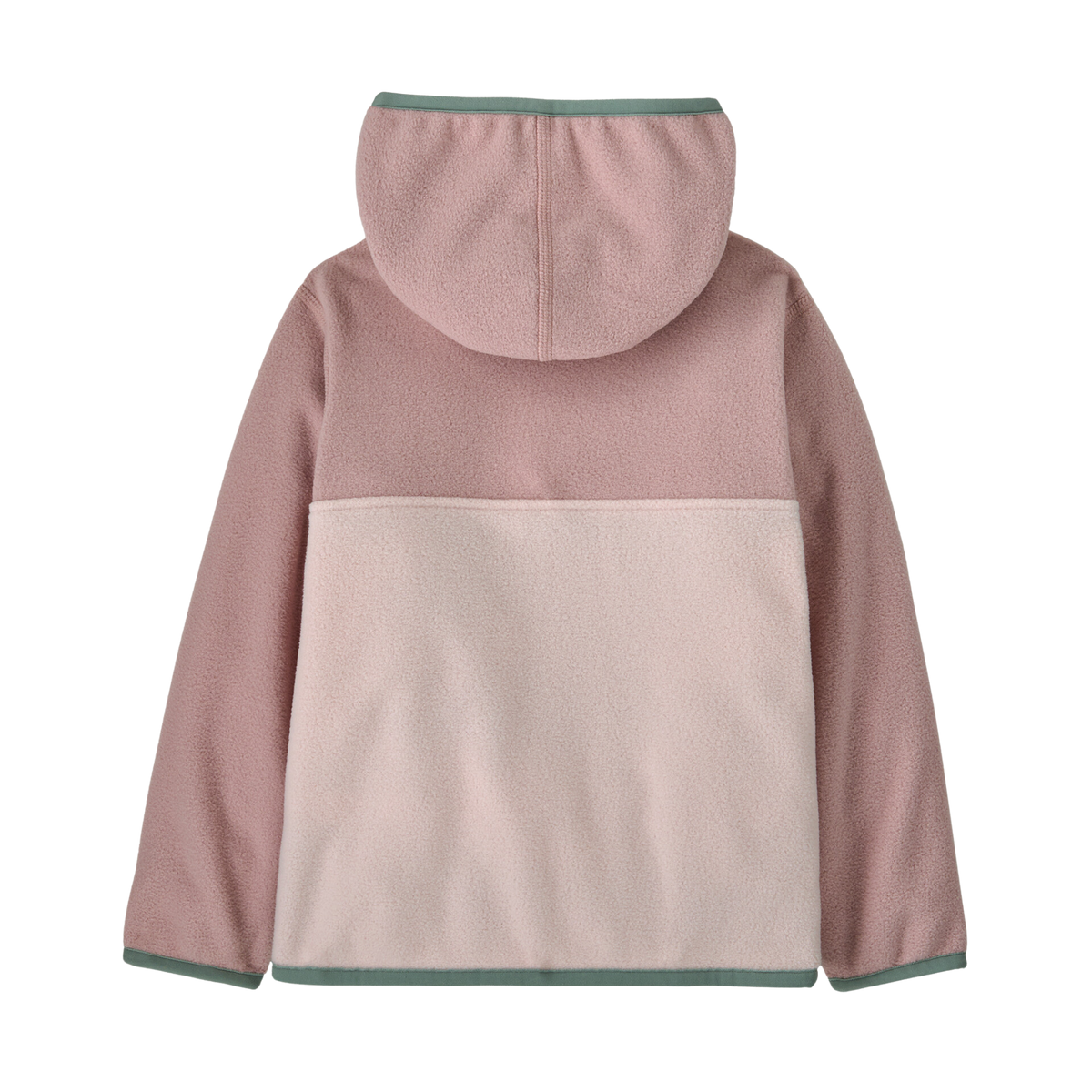 Rear view of Patagonia Kids Micro D Snap-T Jacket in Pink Frost with warm quick-drying recycled polyester microdenier fleece