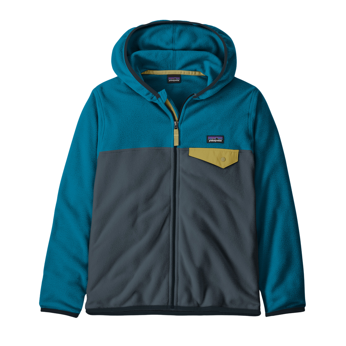 Patagonia Kids Micro D Snap-T Jacket in Summit Blue with 100% recycled polyester microdenier fleece, full zipper, hood and snap chest pocket