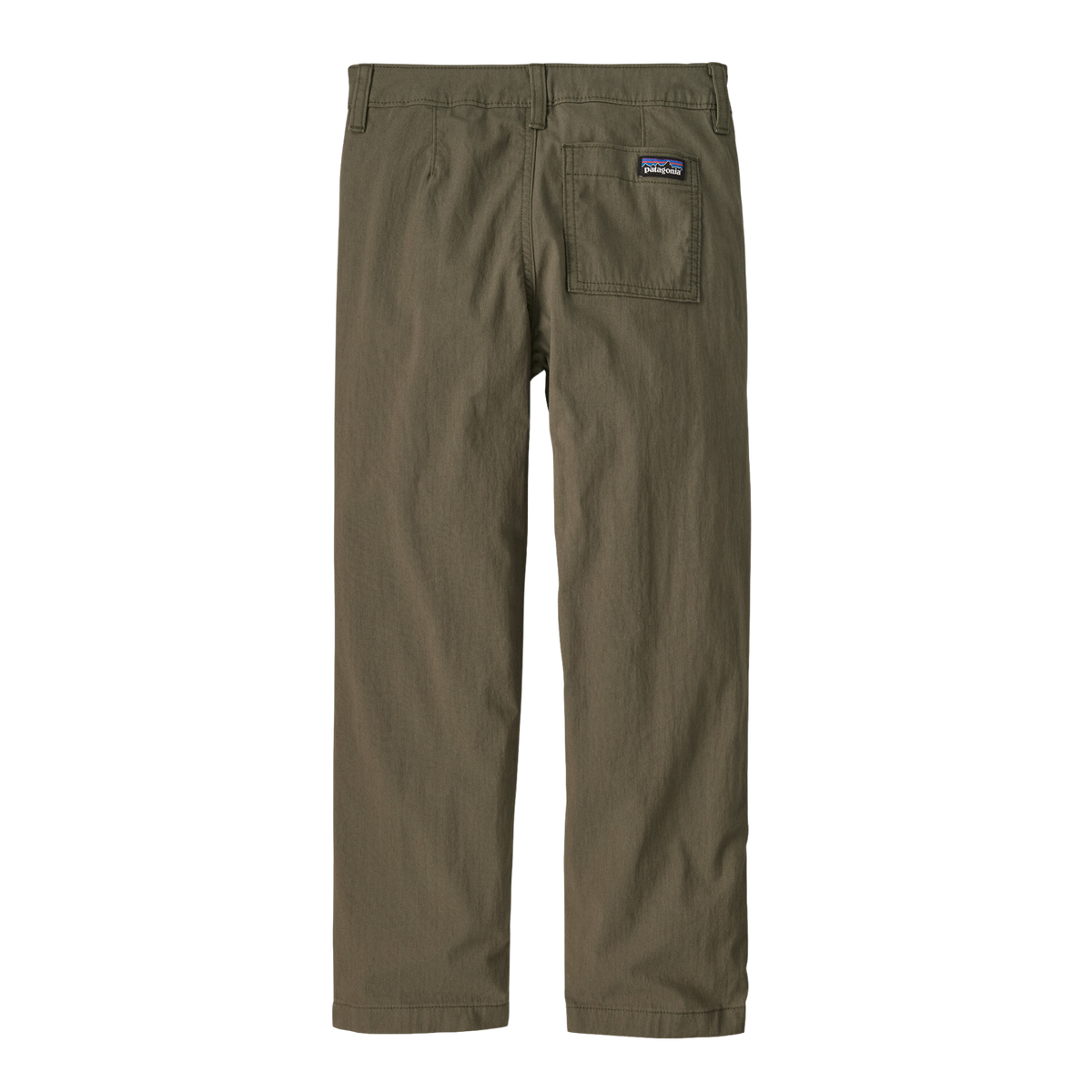 Rear view of Patagonia Kids Nomader Pants in Basin Green with straight-leg fit and back-right patch pocket