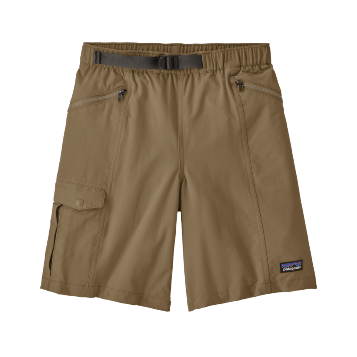 Patagonia Kids Outdoor Everyday Shorts in Mojave Khaki with quick-drying stretch nylon fabric, DWR finish, integrated buckle belt and zippered pockets