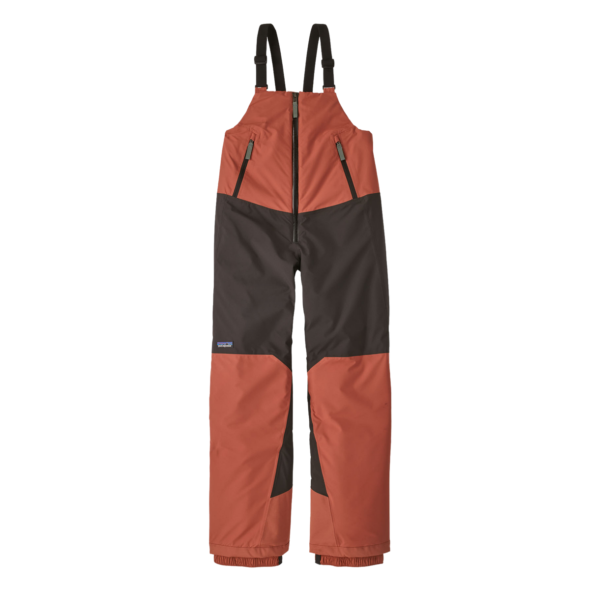Patagonia Kids Powder Town Bibs in Burl Red with H2No waterproof shell, 150-g Thermogreen insulation, Grow-Fit legs and internal snow gaiters