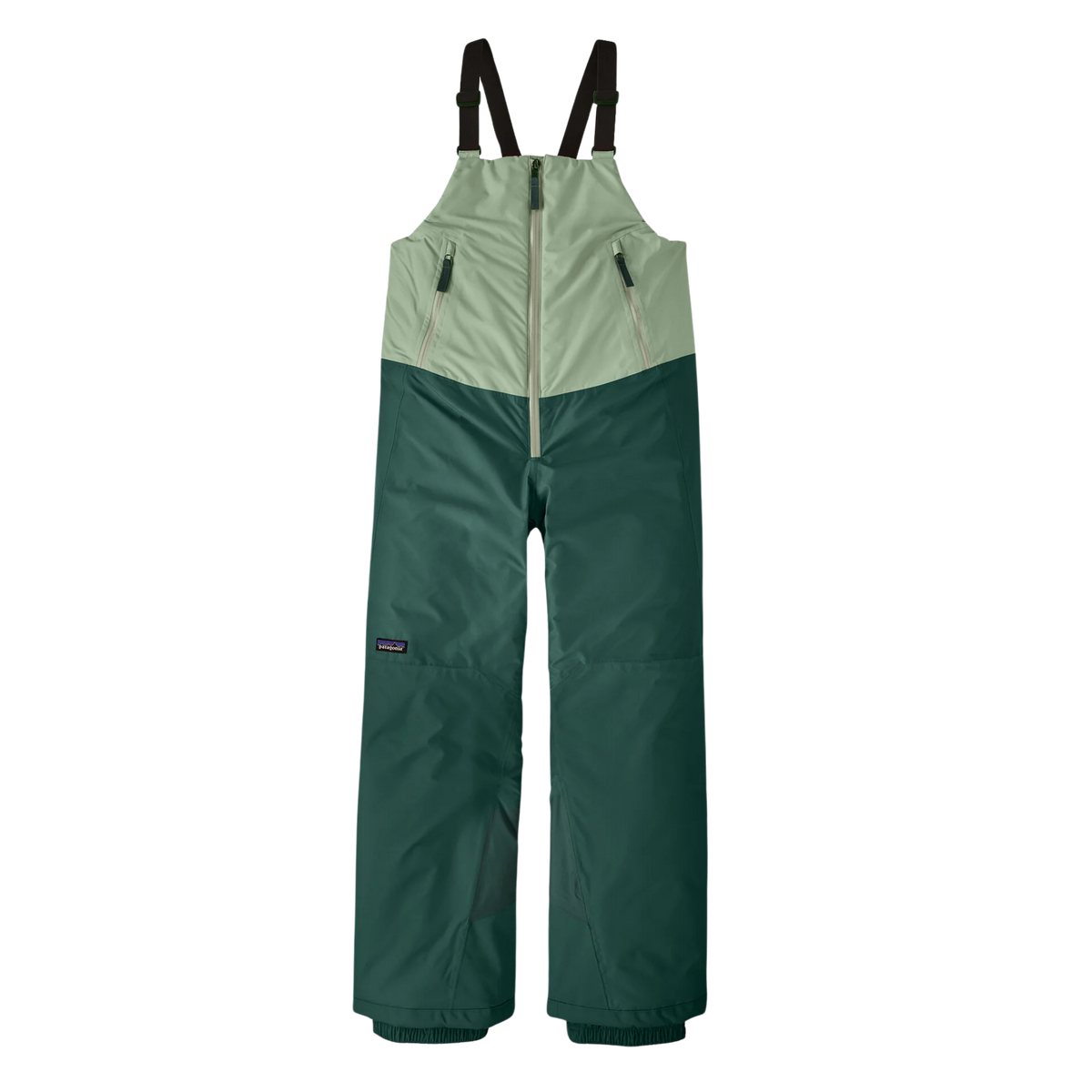 Patagonia Kids Powder Town Bibs in Ellwood Green with H2No waterproof shell, 150-g Thermogreen insulation, Grow-Fit legs and internal snow gaiters