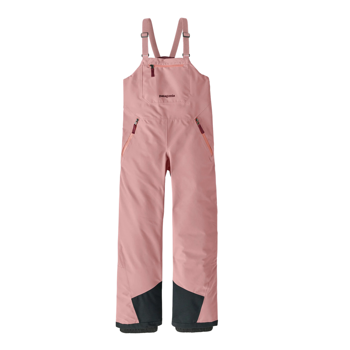 Patagonia Kids Powder Town Bibs in Fuzzy Mauve with H2No 2-layer waterproof shell, 100-g Thermogreen insulation, Grow-Fit legs and RECCO reflector