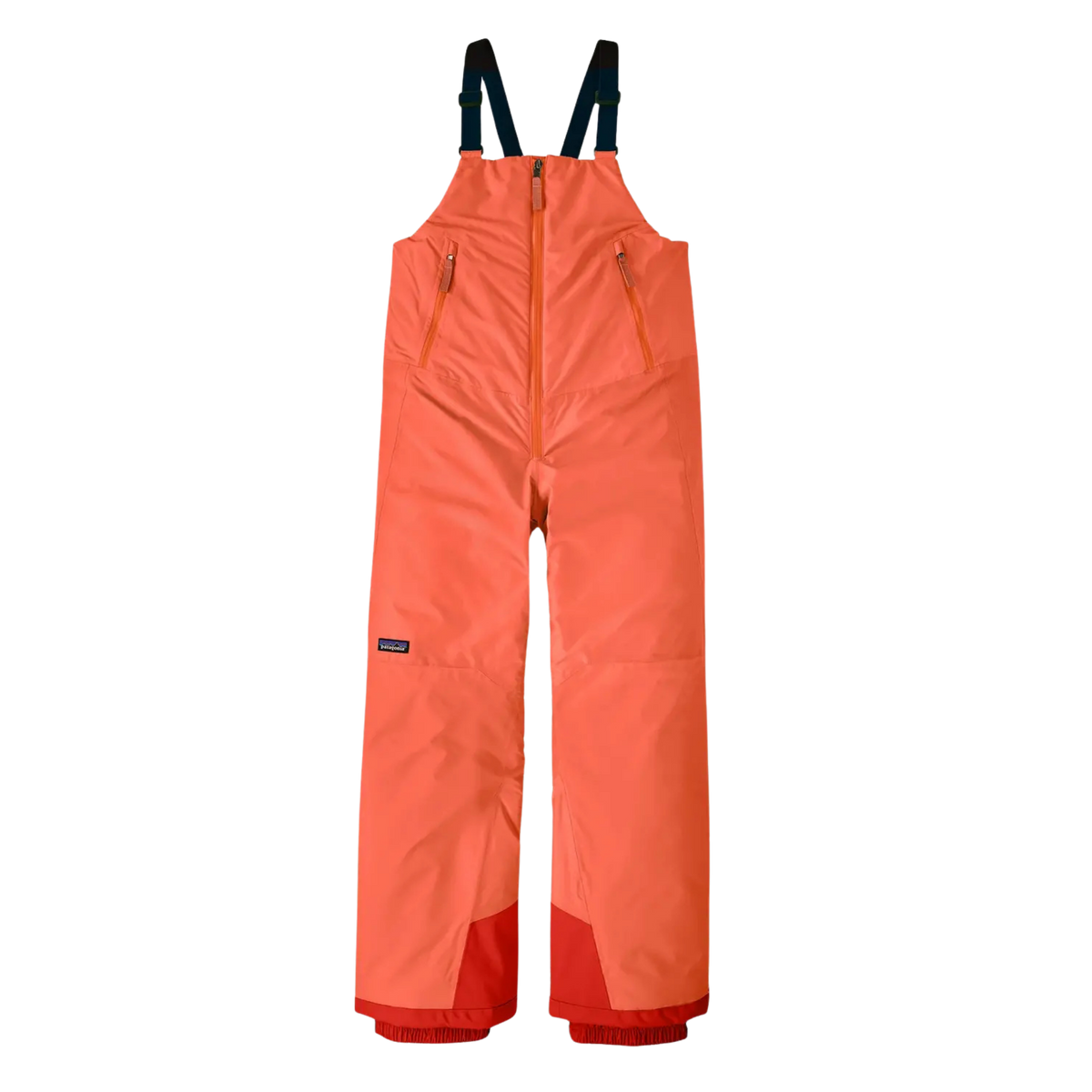 Patagonia Kids Powder Town Bibs in Orange Peel with H2No waterproof shell, 150-g Thermogreen insulation, Grow-Fit legs and internal snow gaiters