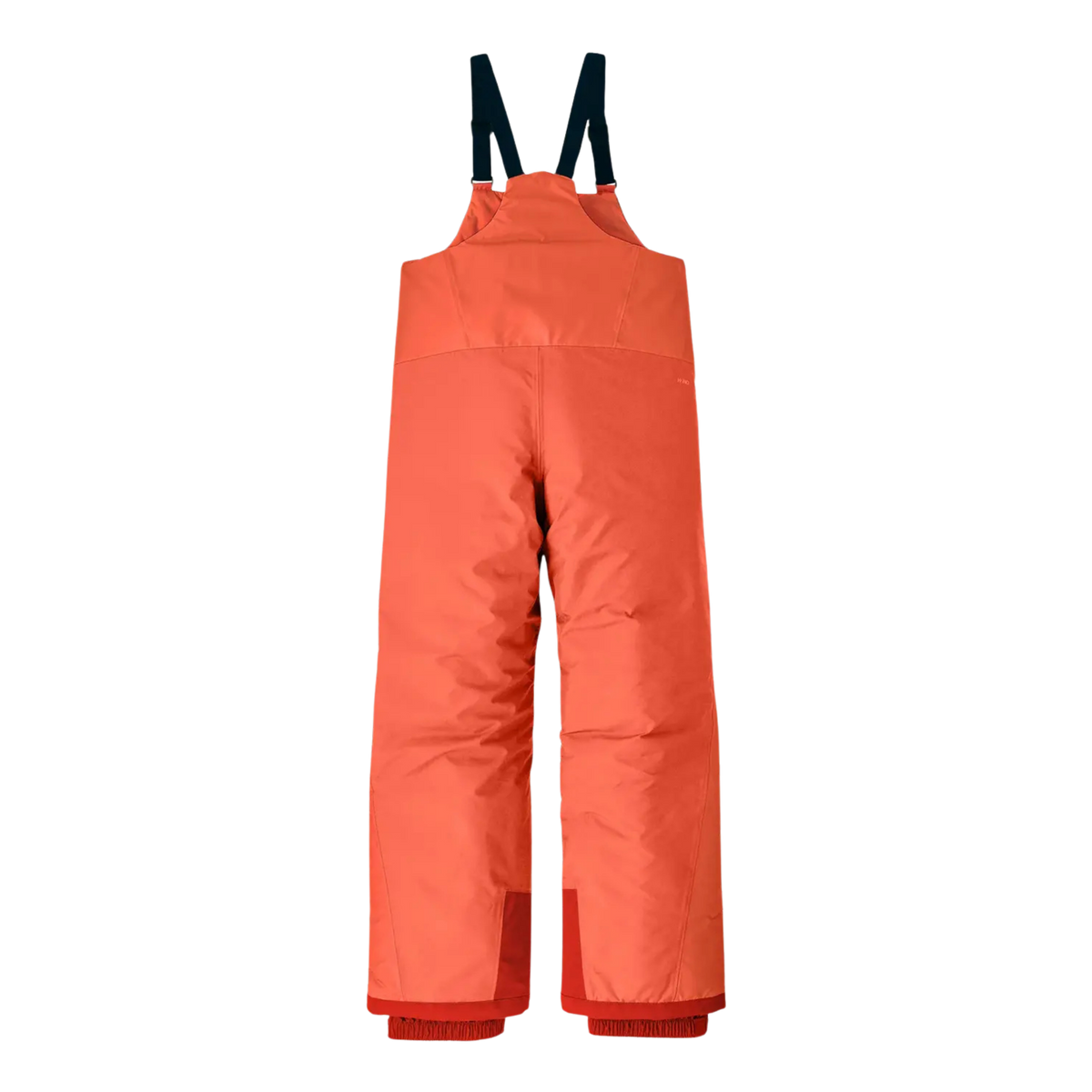 Rear view of Patagonia Kids Powder Town Bibs in Orange Peel with high-back design, adjustable elastic shoulder straps and insulated construction