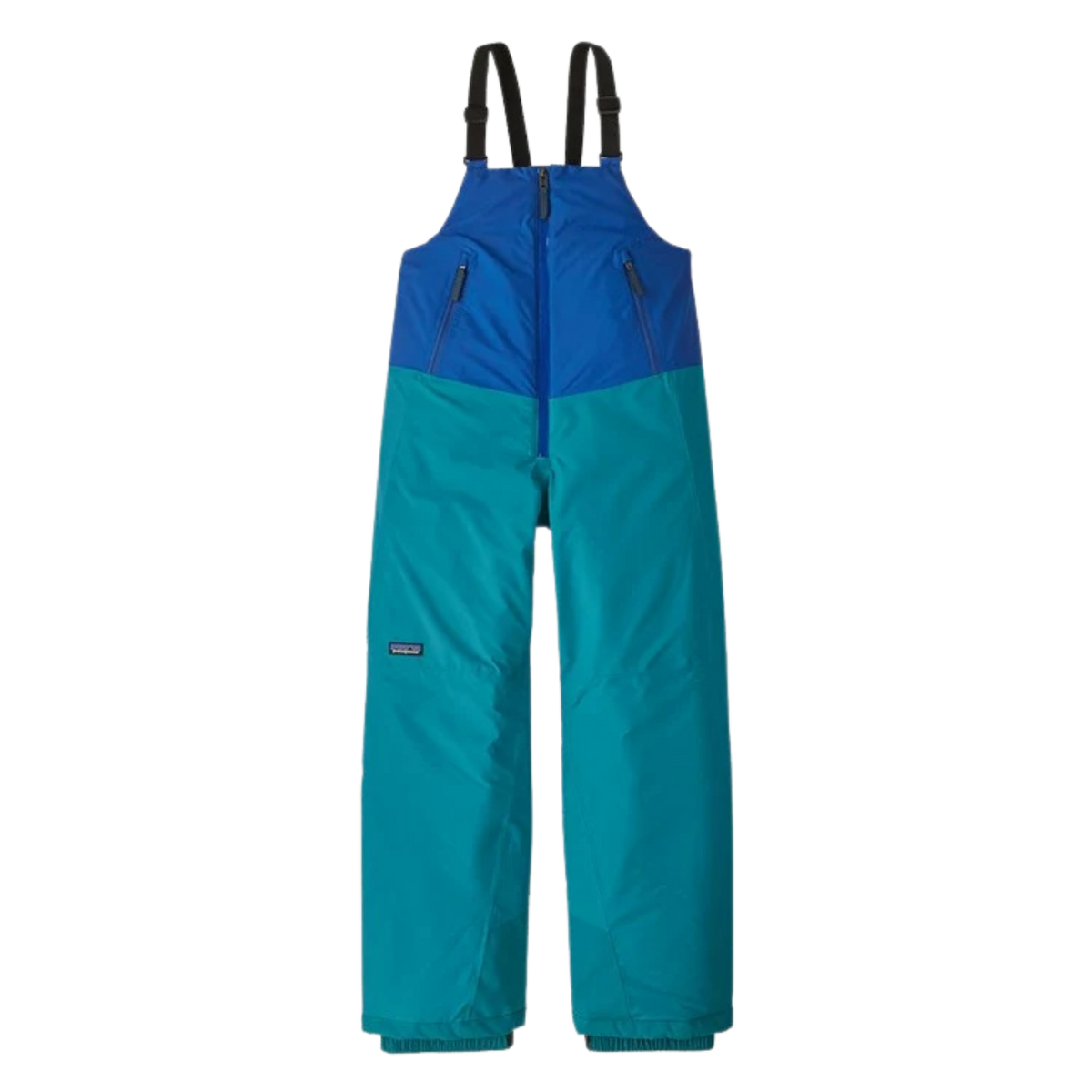 Patagonia Kids Powder Town Bibs in Passage Blue with H2No waterproof shell, 150-g Thermogreen insulation, Grow-Fit legs and internal snow gaiters