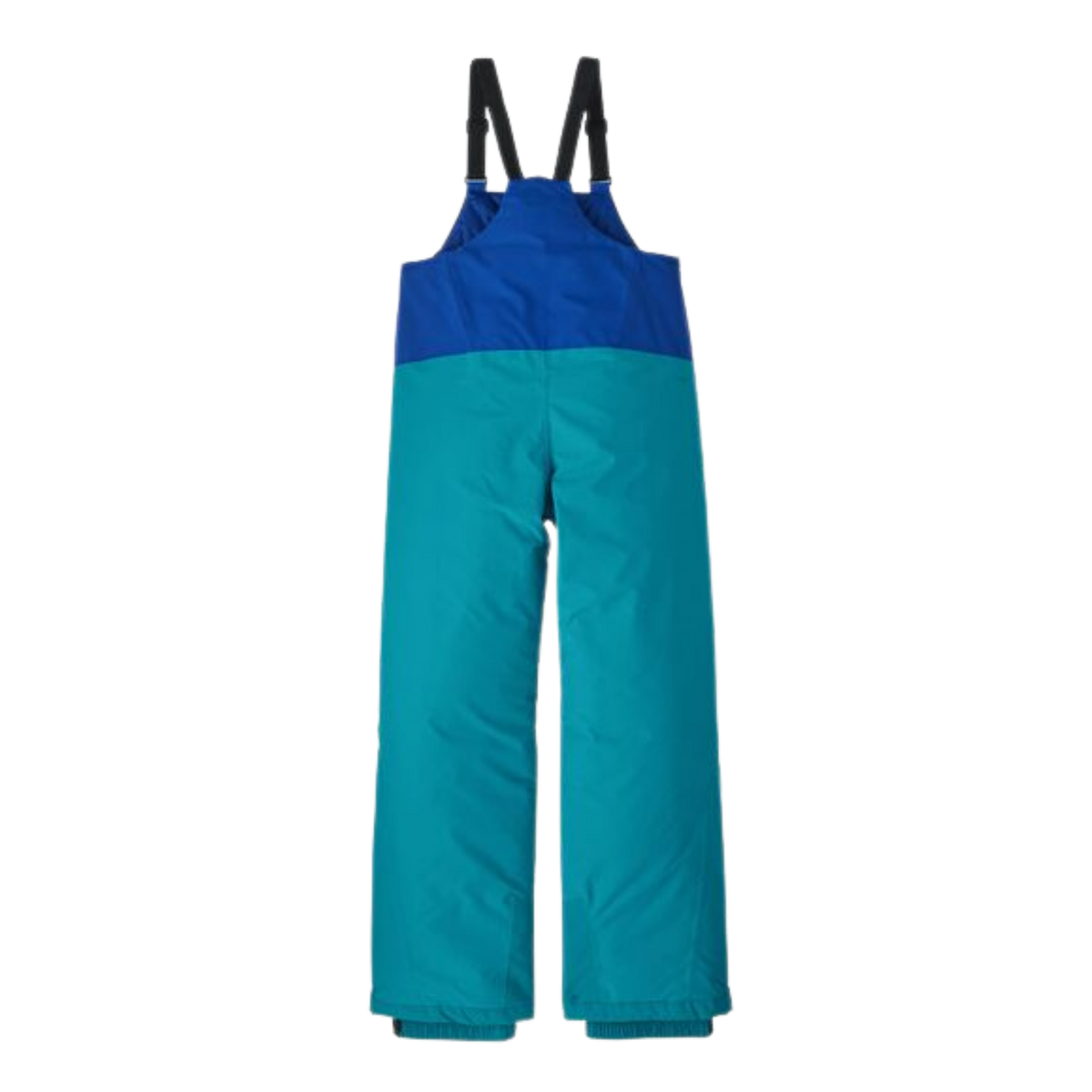 Rear view of Patagonia Kids Powder Town Bibs in Passage Blue with high-back design, adjustable elastic shoulder straps and insulated construction