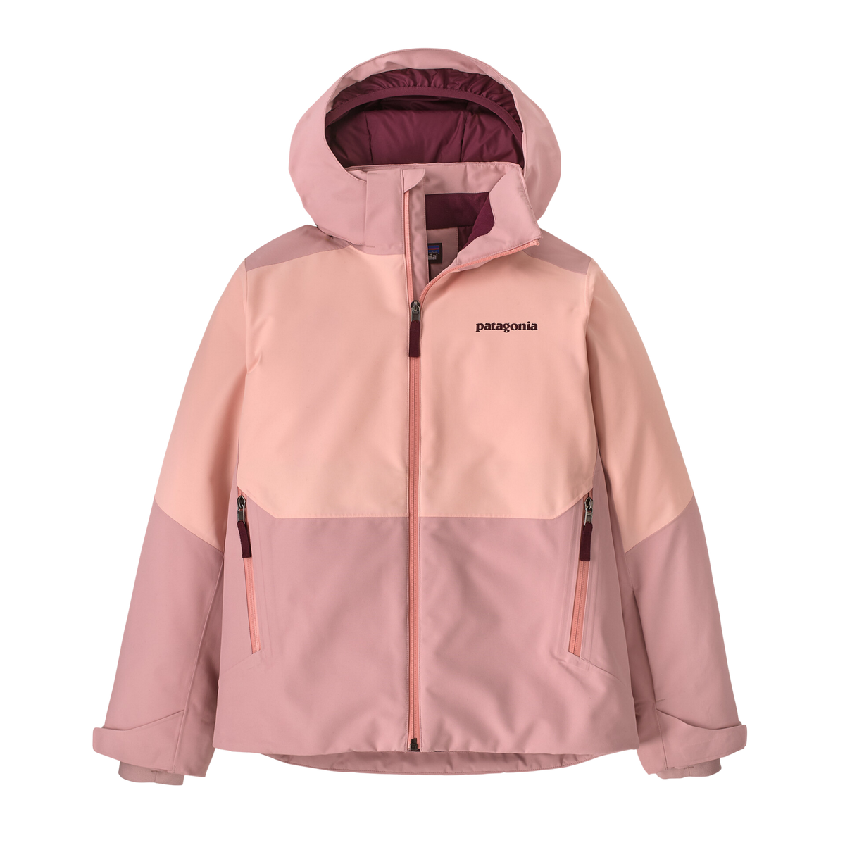 Patagonia Kids Powder Town Jacket in Fuzzy Mauve with H2No 2-layer waterproof shell, 100-g Thermogreen insulation, powder skirt and RECCO reflector