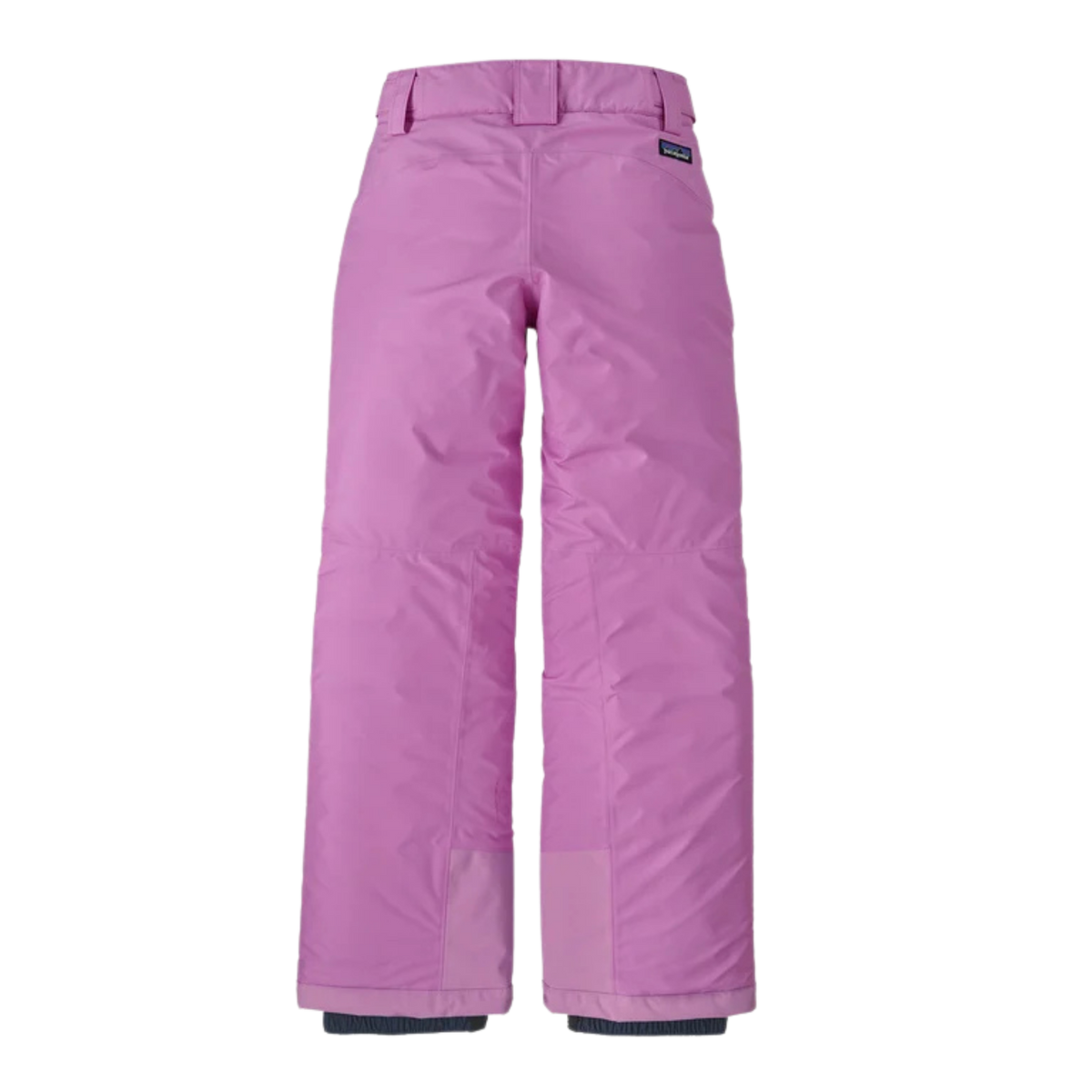 Rear view of Patagonia Kids Powder Town Pants in Brisk Purple with contoured back yoke, 150-g Thermogreen insulation and waterproof shell