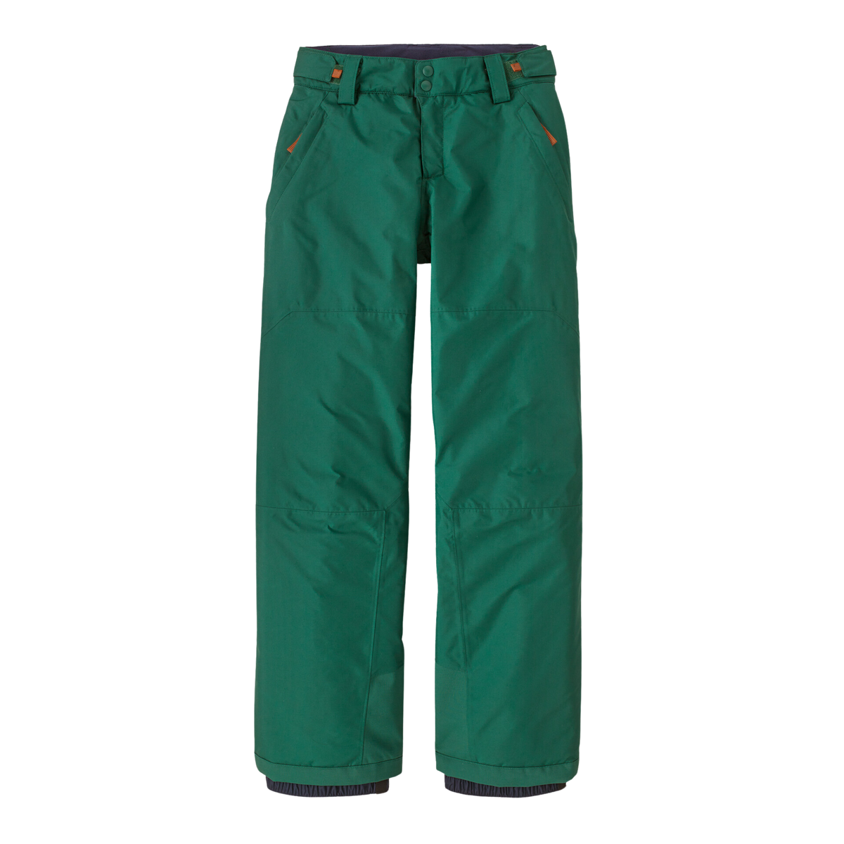 Patagonia Kids Powder Town Pants in Conifer Green with H2No waterproof shell, 150-g Thermogreen insulation, Grow-Fit legs and internal snow gaiters