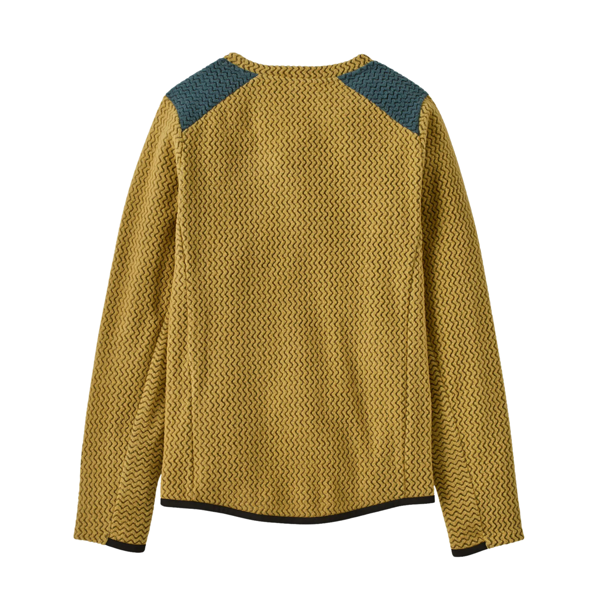 Rear view of Patagonia Kids R1 Air Crew in Hut Tripper Label: Lynx Tan design with offset shoulder seams, regular fit and lightweight jacquard fleece construction