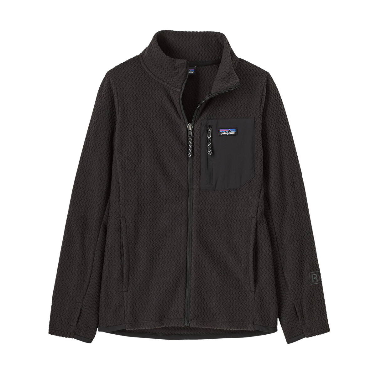 Patagonia Kids R1 Air Full-Zip Jacket in Black with recycled polyester jacquard fleece, hollow-core yarns and breathable quick-drying performance