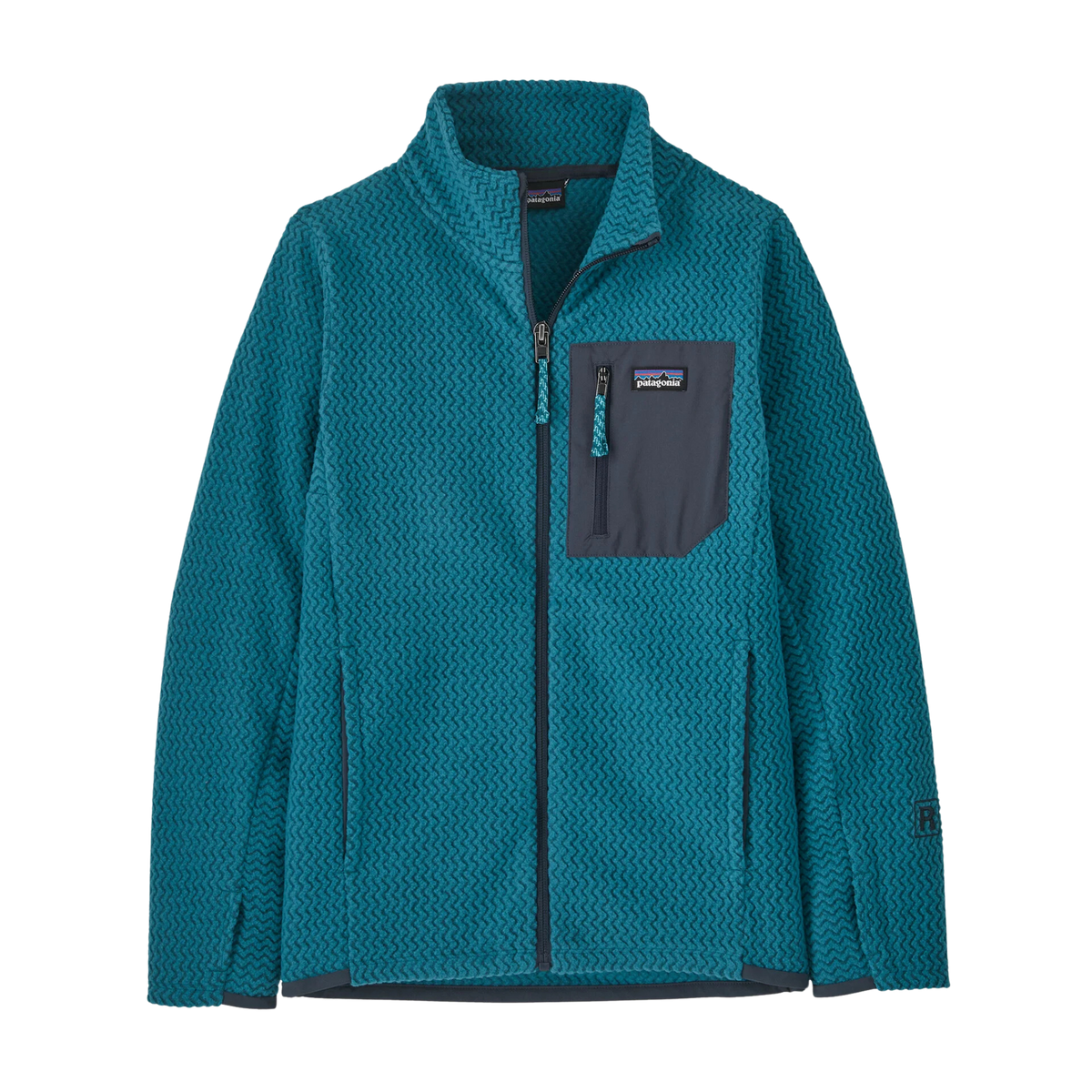 Patagonia Kids R1 Air Full-Zip Jacket in Glacial Blue with recycled polyester jacquard fleece, hollow-core yarns and breathable quick-drying performance