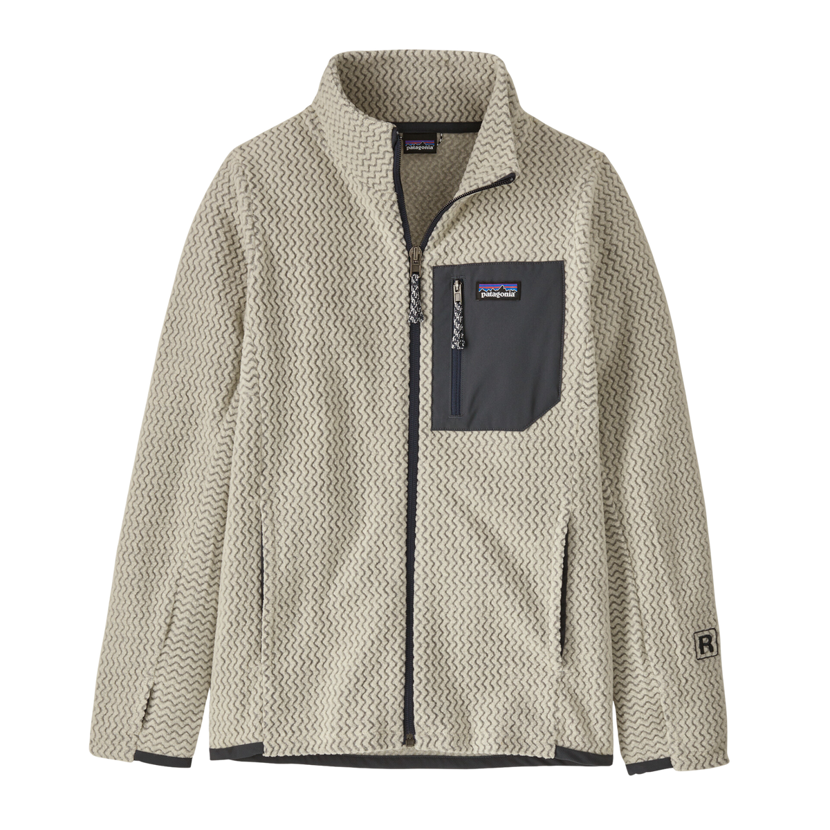 Patagonia Kids R1 Air Full-Zip Jacket in Wool White with recycled polyester jacquard fleece, hollow-core yarns and breathable quick-drying performance