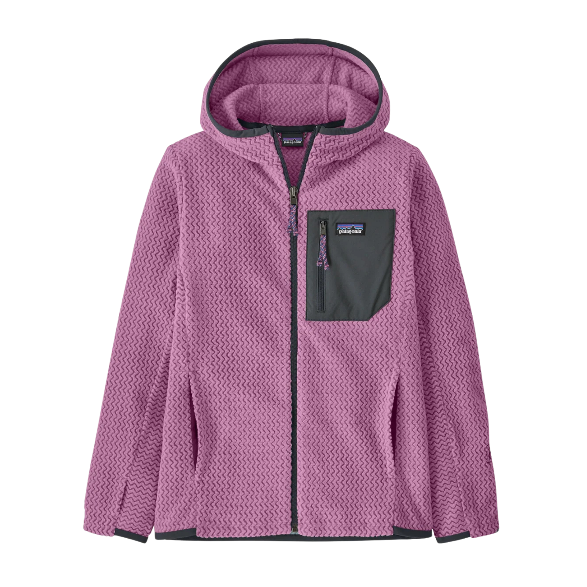 Patagonia Kids R1 Air Full-Zip Hoody in Brisk Purple with 100% recycled polyester jacquard fleece, three-panel hood and zippered chest pocket
