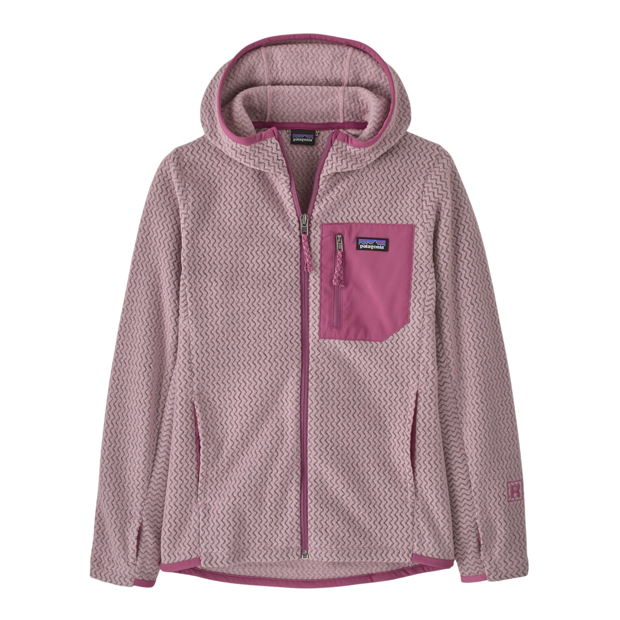 Patagonia Kids R1 Air Full-Zip Hoody in Quiet Violet with 100% recycled polyester jacquard fleece, three-panel hood and zippered chest pocket