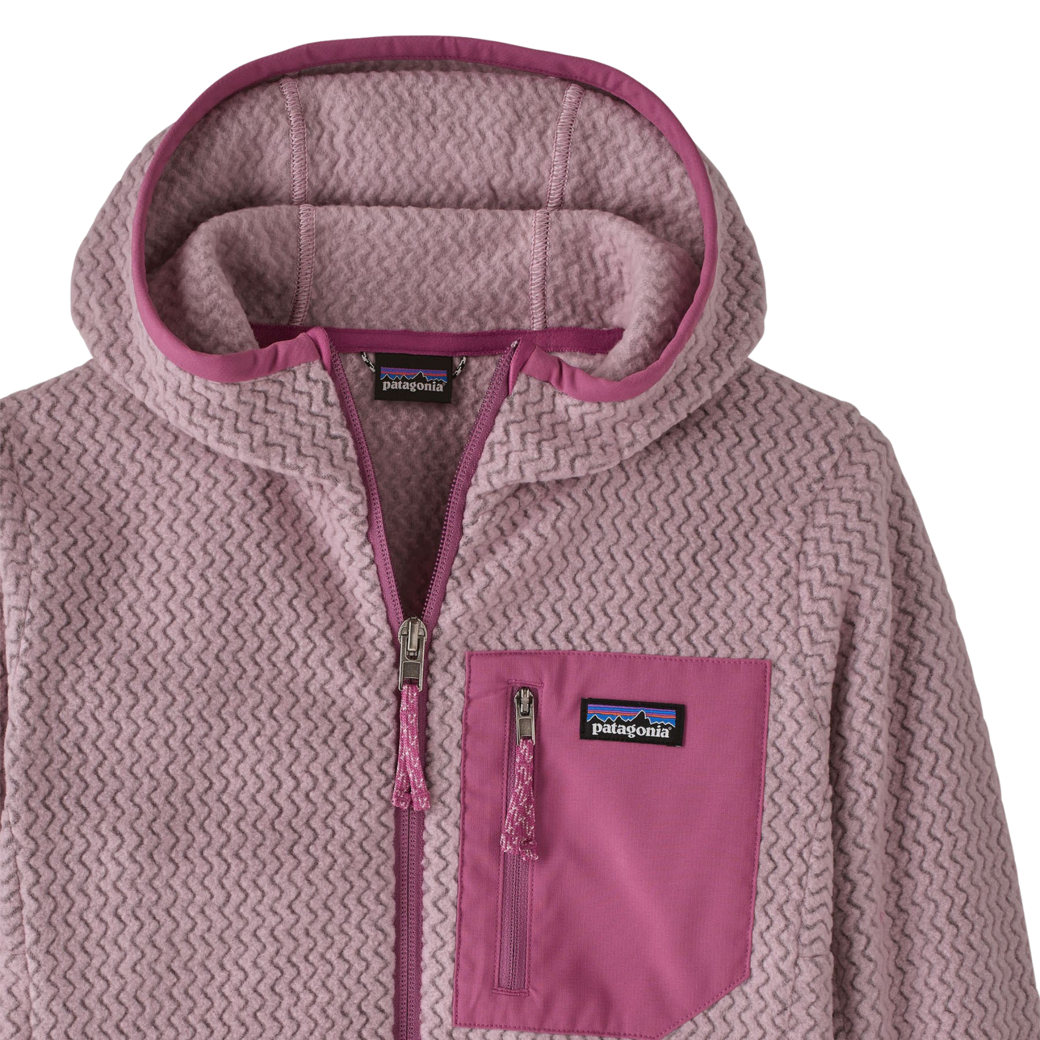 Patagonia Kids R1 Air Full-Zip Hoody zippered contrast chest pocket for secure storage during active outdoor adventures
