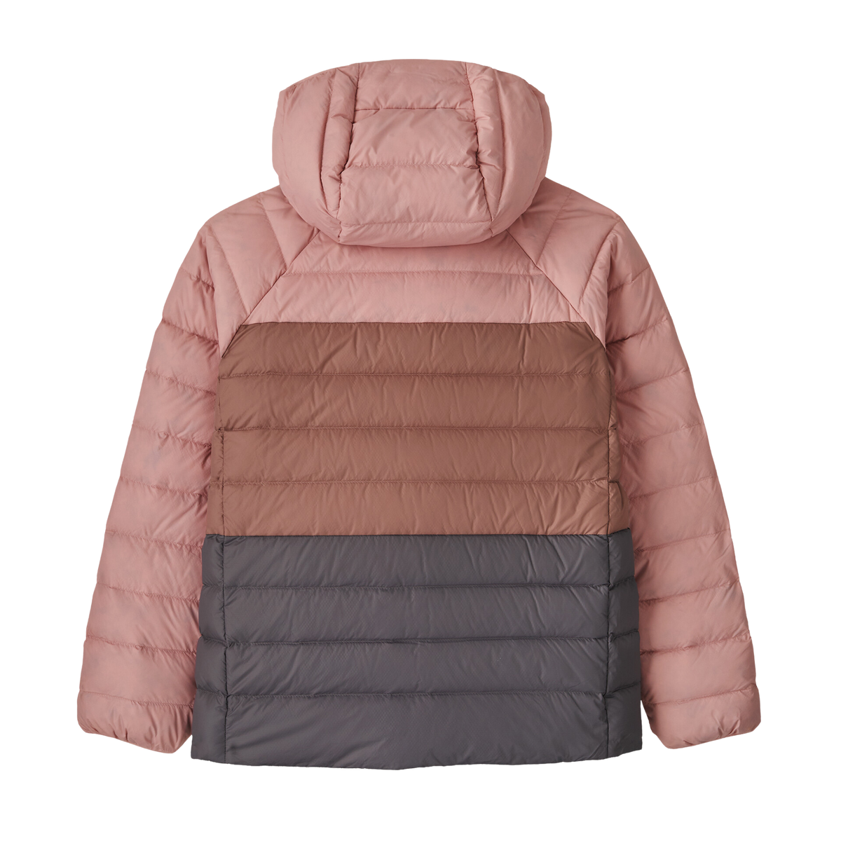 Rear view of Patagonia Kids Reversible Down Sweater Hoody in Fuzzy Mauve with windproof recycled nylon ripstop shell and 600-fill recycled down