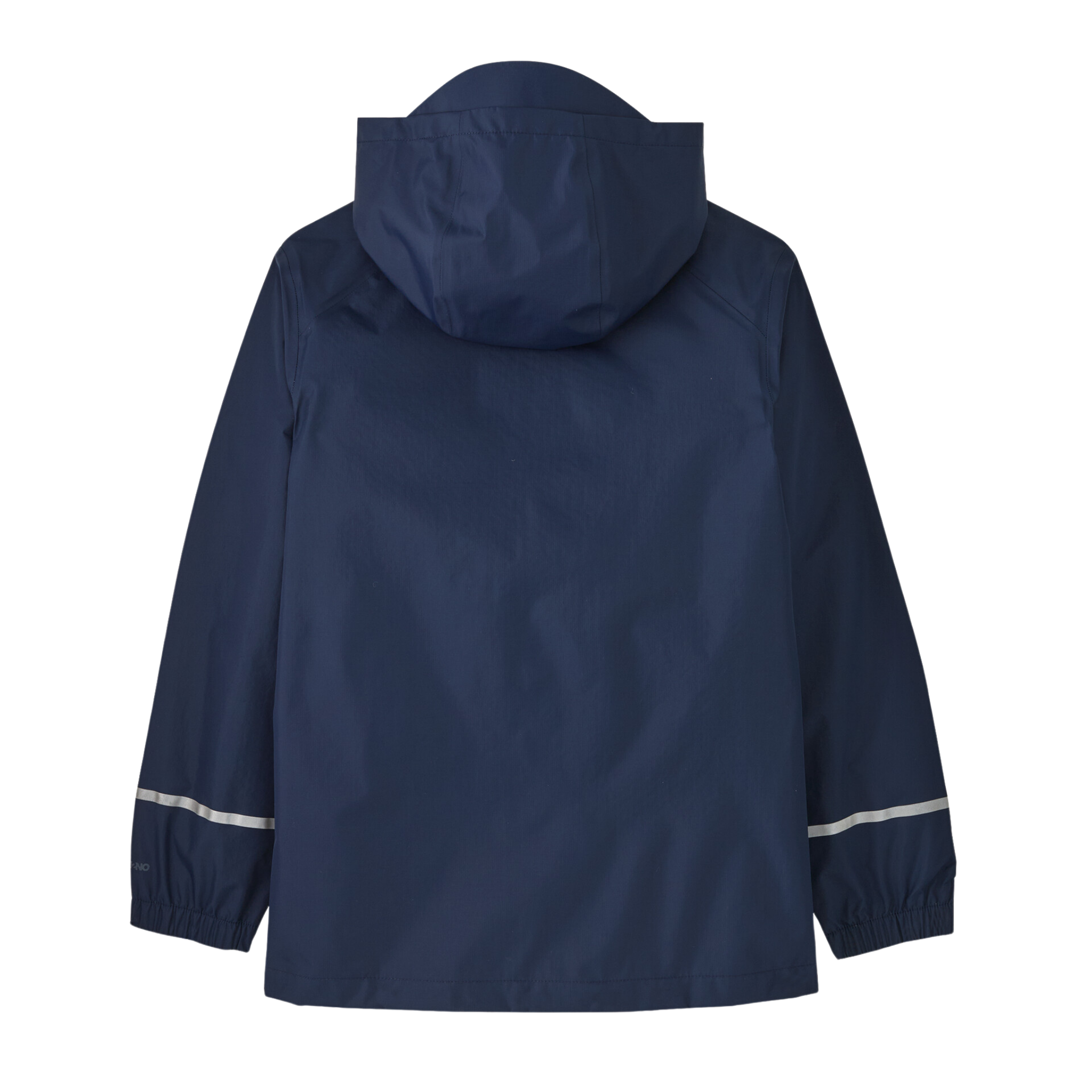 Rear view of Patagonia Kids Torrentshell 3L Rain Jacket in New Navy color with 100% recycled waterproof breathable face fabric