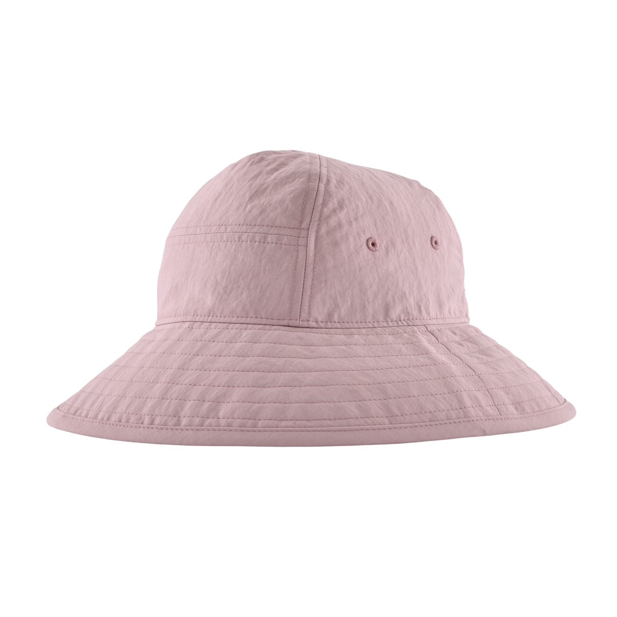 Rear view of Patagonia Kids Trim Brim Hat in Quiet Violet with elastic fit adjustment, ventilation holes and NetPlus recycled nylon construction