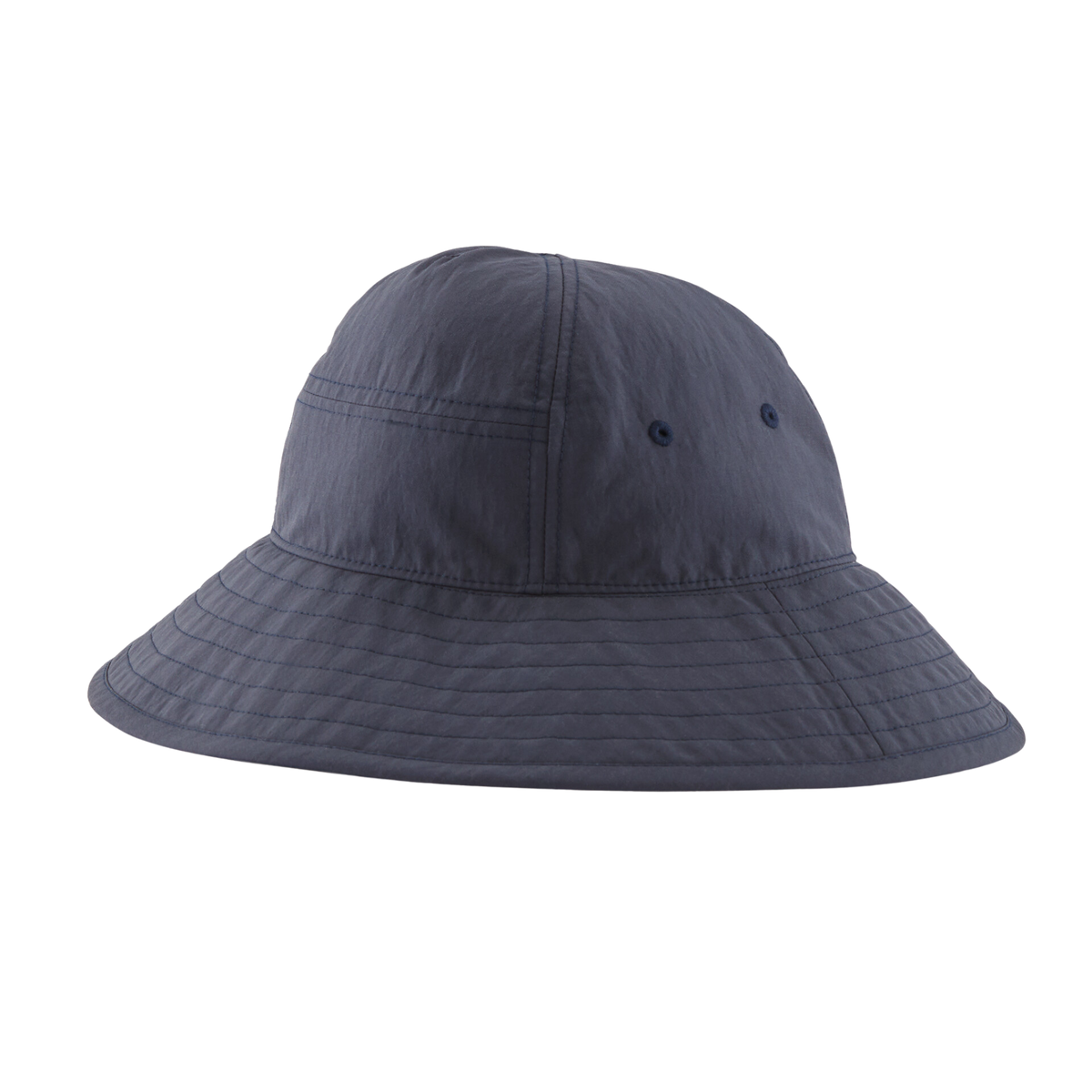 Rear view of Patagonia Kids Trim Brim Hat in Smolder Blue with elastic fit adjustment, ventilation holes and NetPlus recycled nylon construction