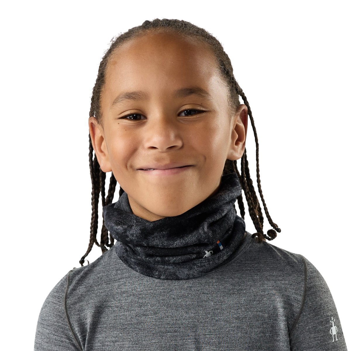 Smartwool Kids Thermal Merino Neck Gaiter in Black Tie Dye with longer design providing extended neck coverage against cold air and snow