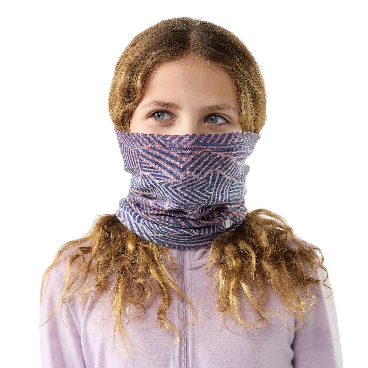 Smartwool Thermal Merino Neck Gaiter in Nightfall Linear Peaks design sized specifically for smaller kids’ heads and necks with extended winter coverage