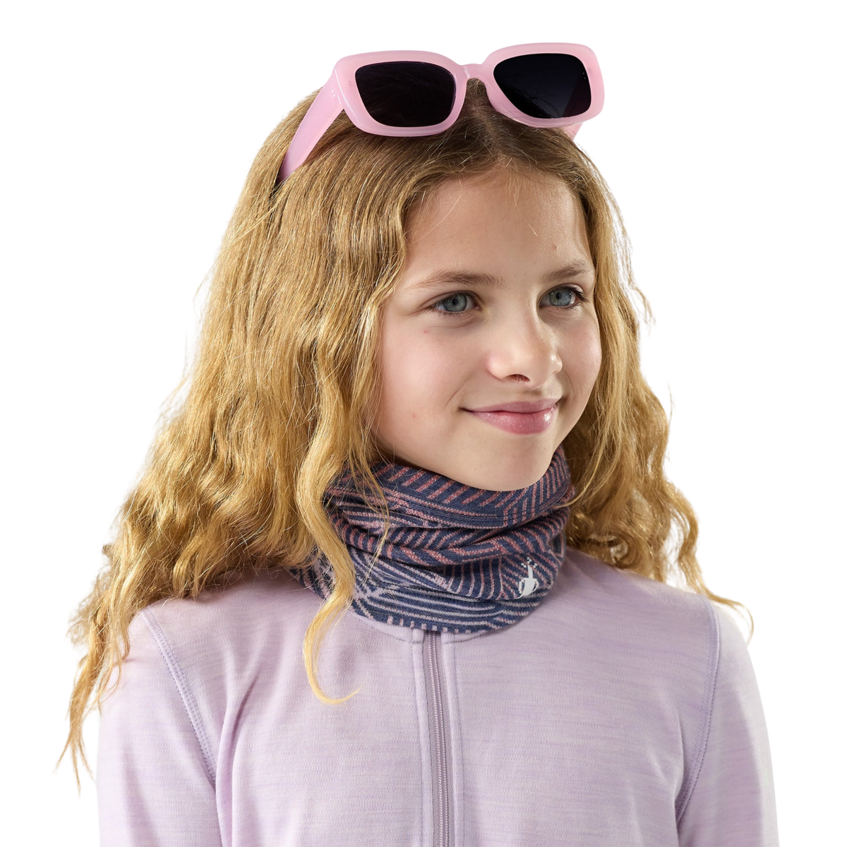 Smartwool Kids Thermal Merino Neck Gaiter in Nightfall Linear Peaks with longer design providing extended neck coverage against cold air and snow