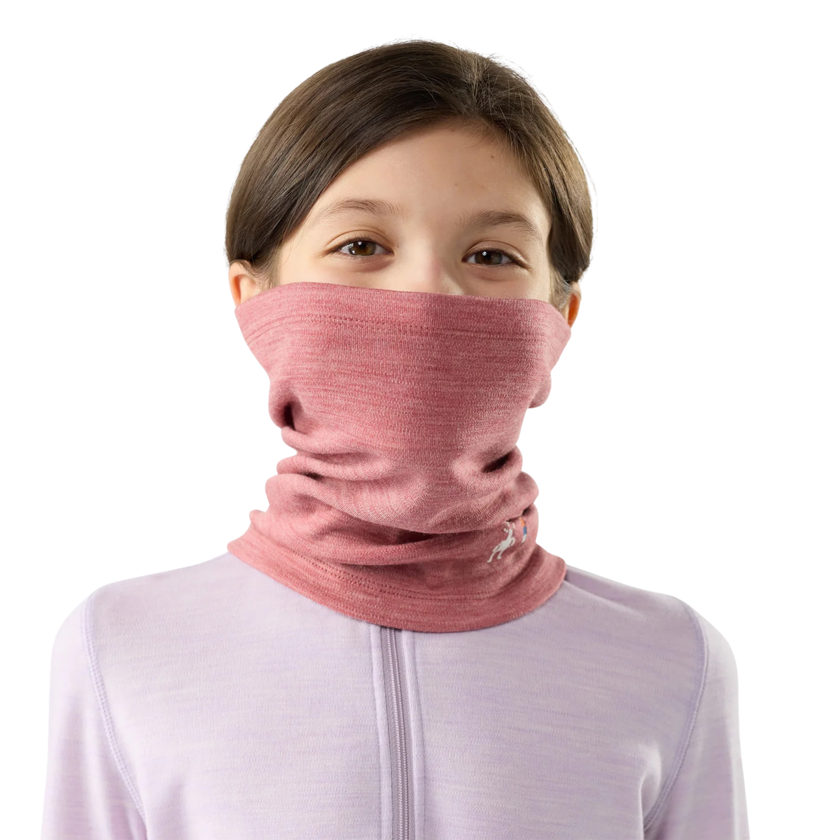 Smartwool Thermal Merino Neck Gaiter in Rosewood Heather sized specifically for smaller kids’ heads and necks with extended winter coverage