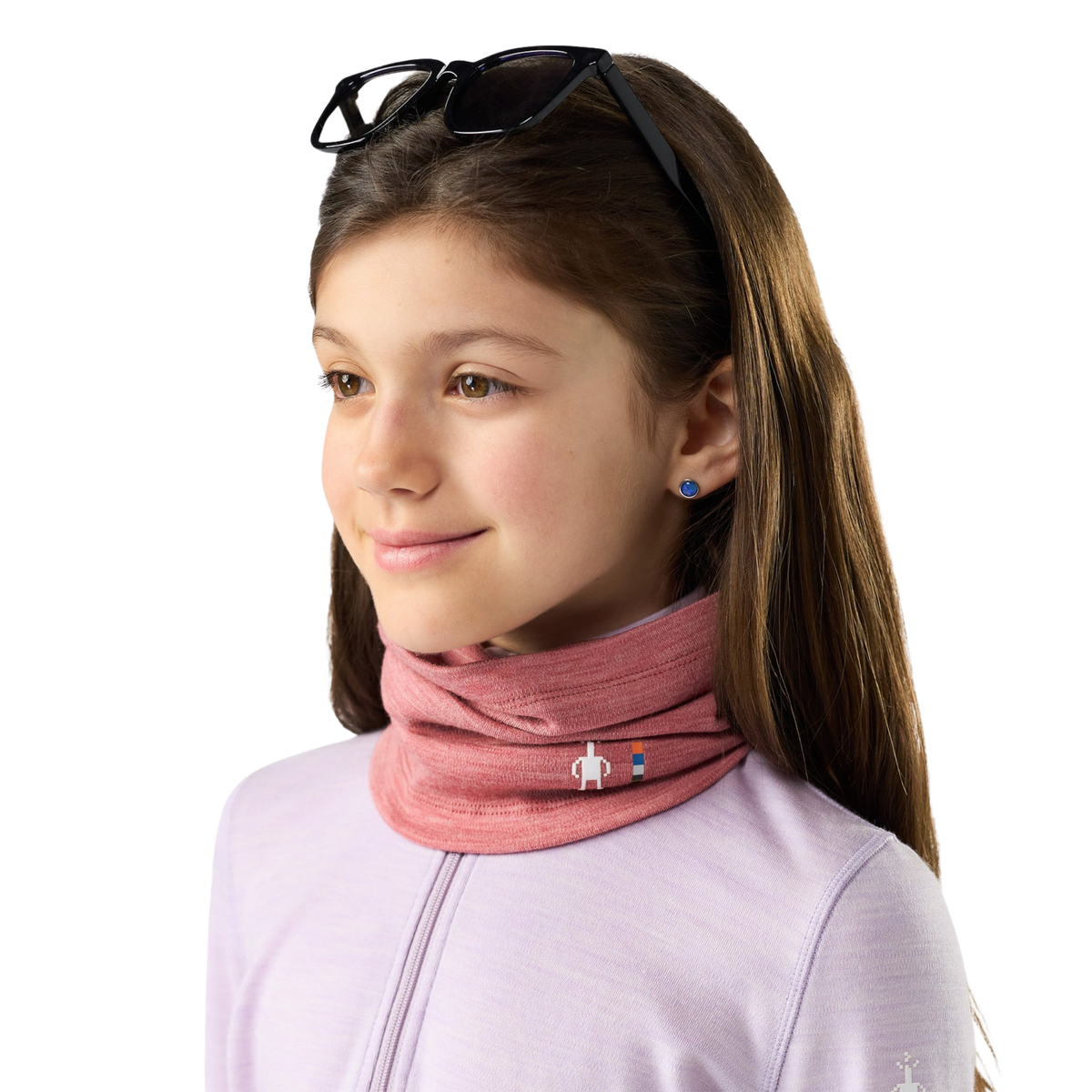 Smartwool Kids Thermal Merino Neck Gaiter in Rosewood Heather with longer design providing extended neck coverage against cold air and snow
