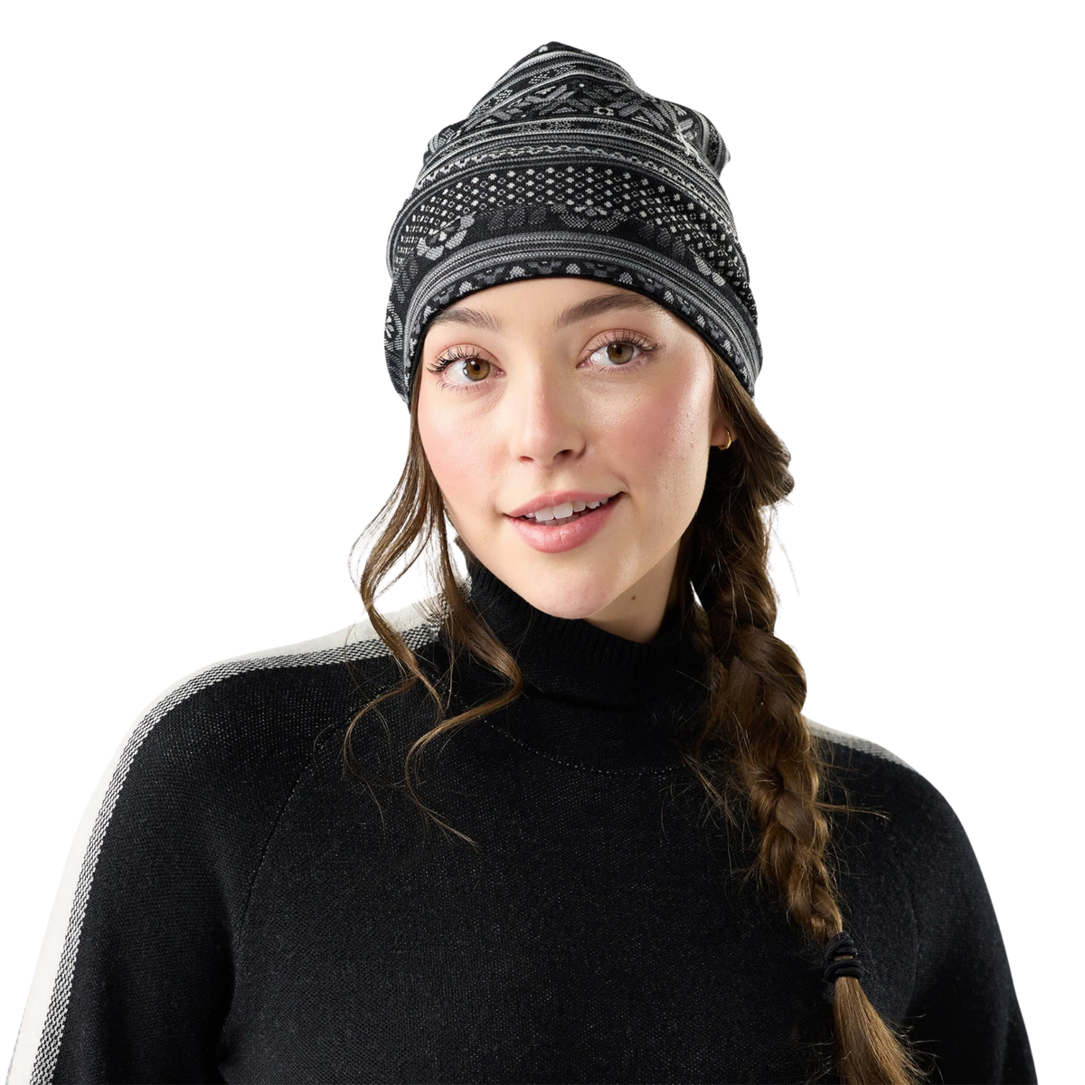 Front view of Smartwool Thermal Merino Reversible Cuffed Beanie in Black Fair Isle Fun with midweight Merino wool and folded ear-warming cuff