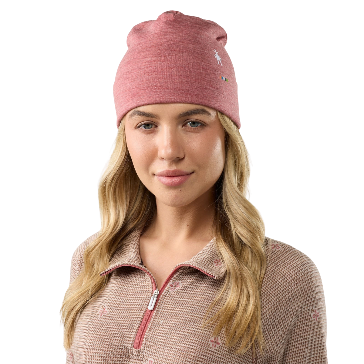 Front view of Smartwool Thermal Merino Reversible Cuffed Beanie in Rosewood Heather with midweight Merino wool and folded ear-warming cuff