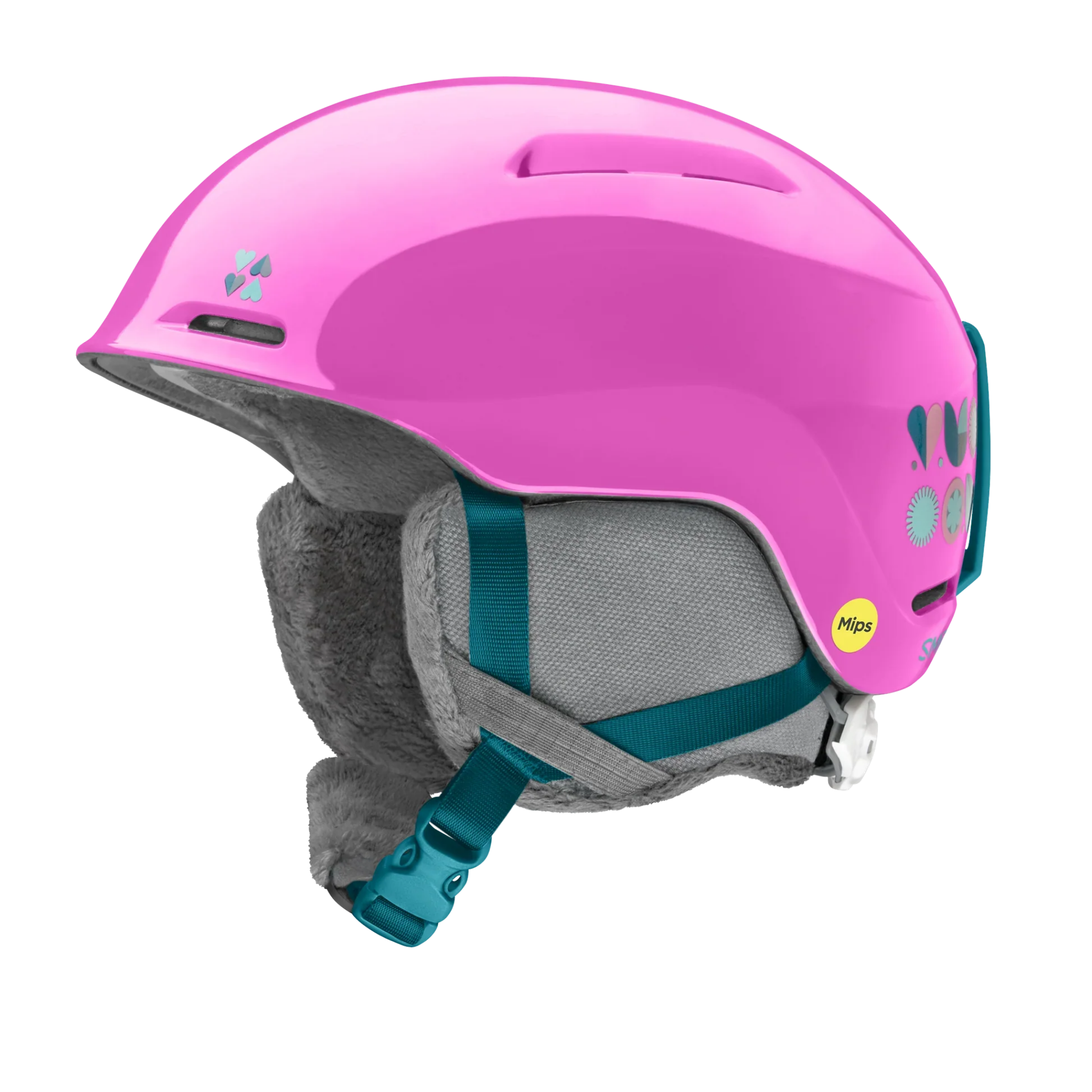 Smith Glide Jr MIPS Snow Helmet in Vivid Pink Hearts with lightweight in-mold construction and Mips protection 