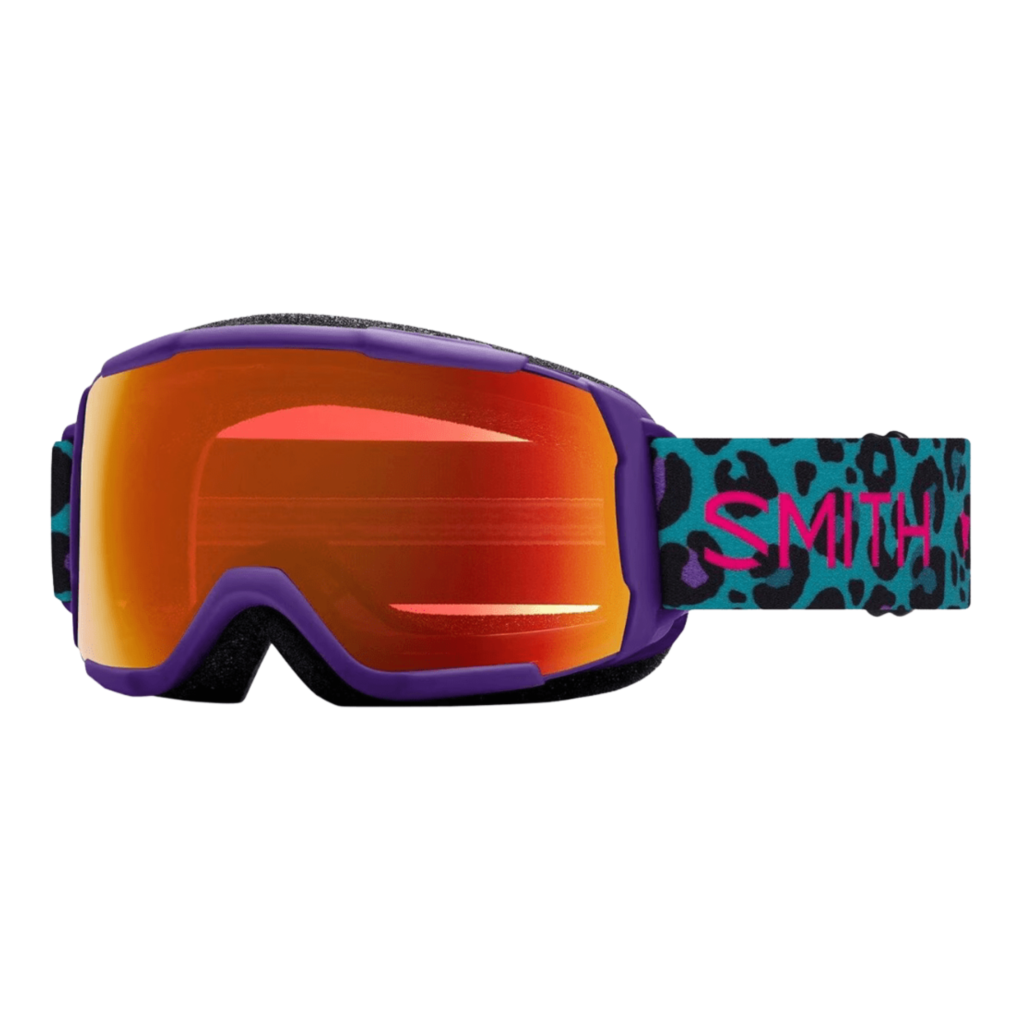 Close-up of the adjustable silicone-backed strap on the Smith Grom ChromaPop Junior Snow Goggles in Purple Haze Neon Cheetah/Red Mirror