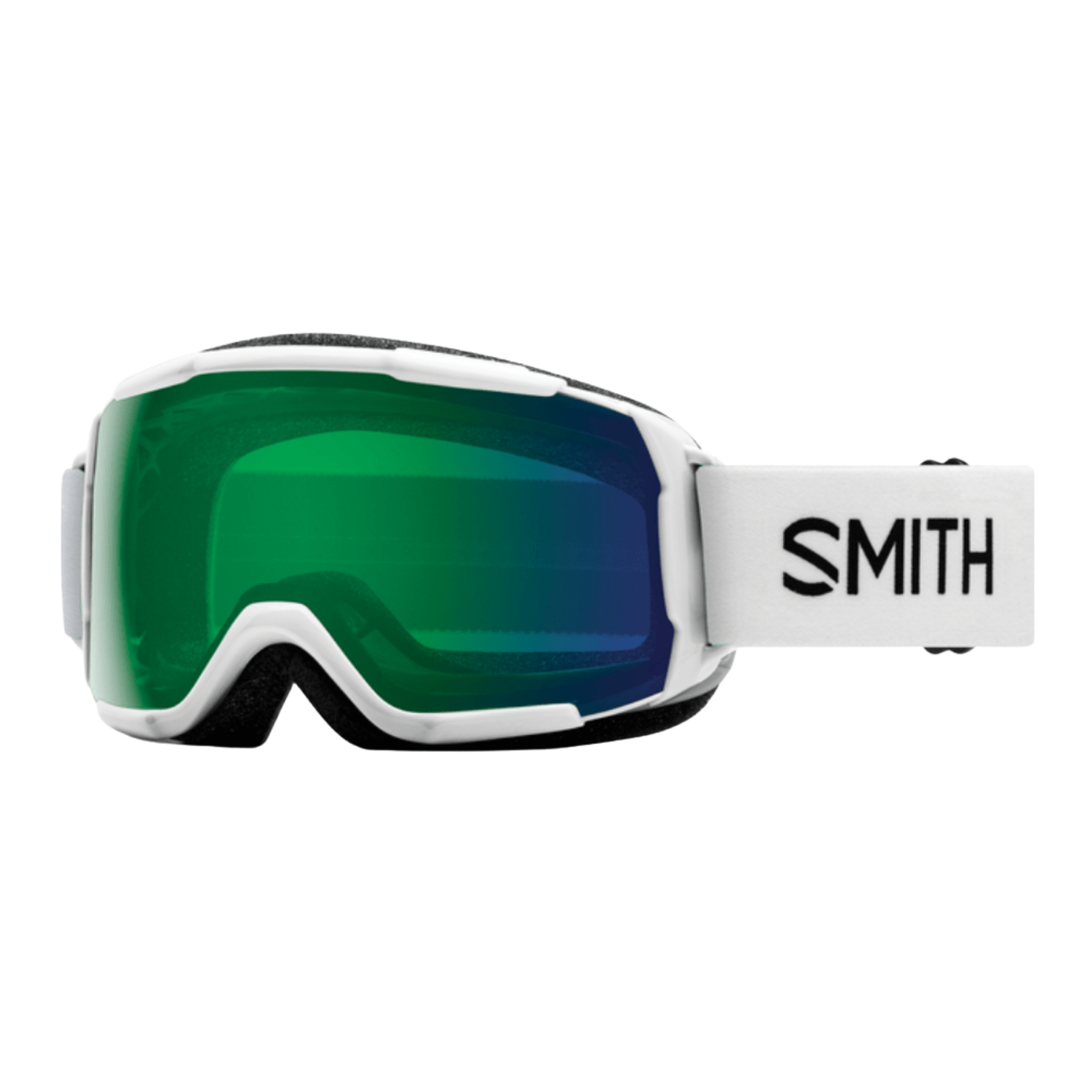 Front view of Smith Grom ChromaPop Junior Snow Goggles in White/Green Mirror with ChromaPop lens technology
