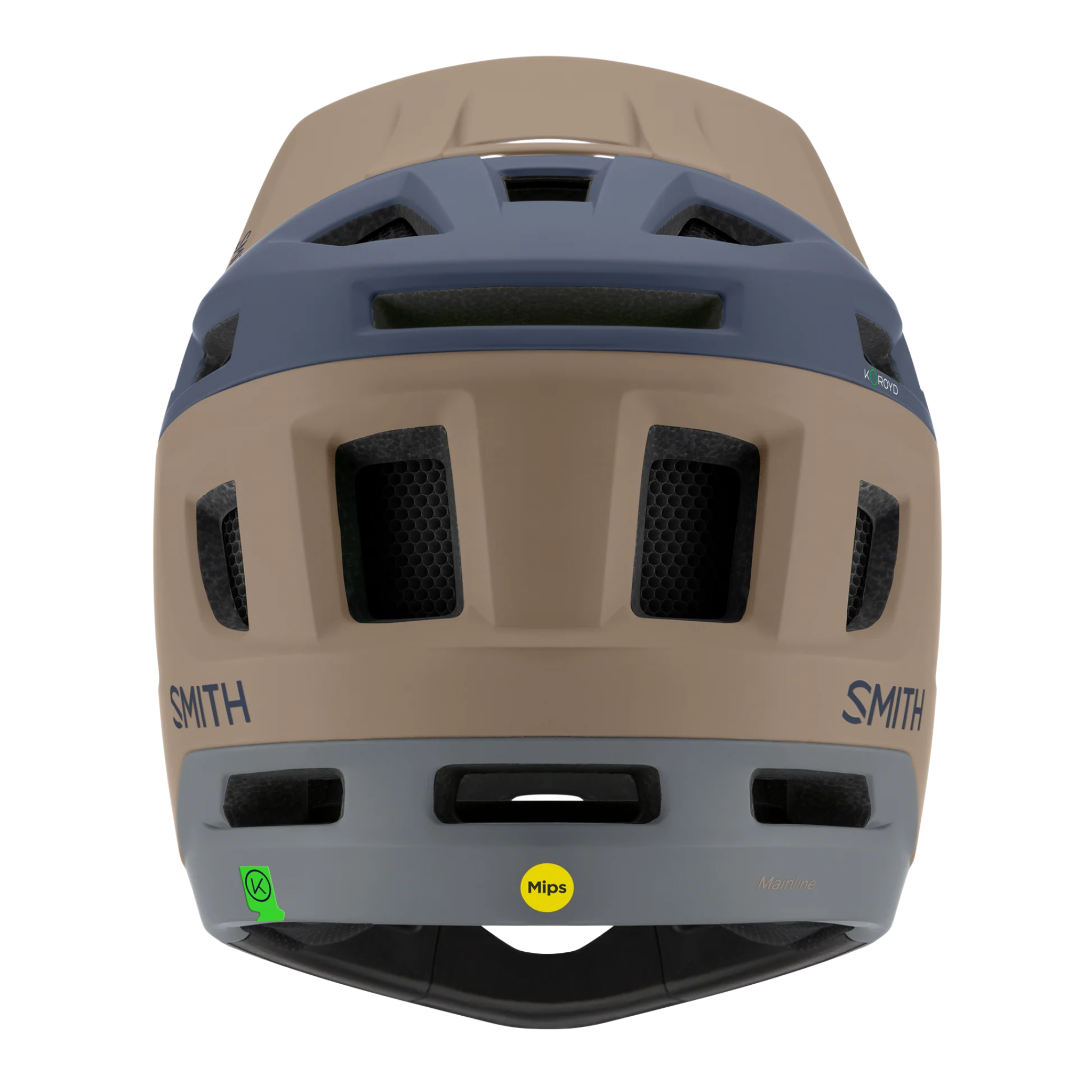 Rear view of Smith Mainline MIPS full face mountain bike helmet in Matte Royal Navy/Summit with AirEvac ventilation