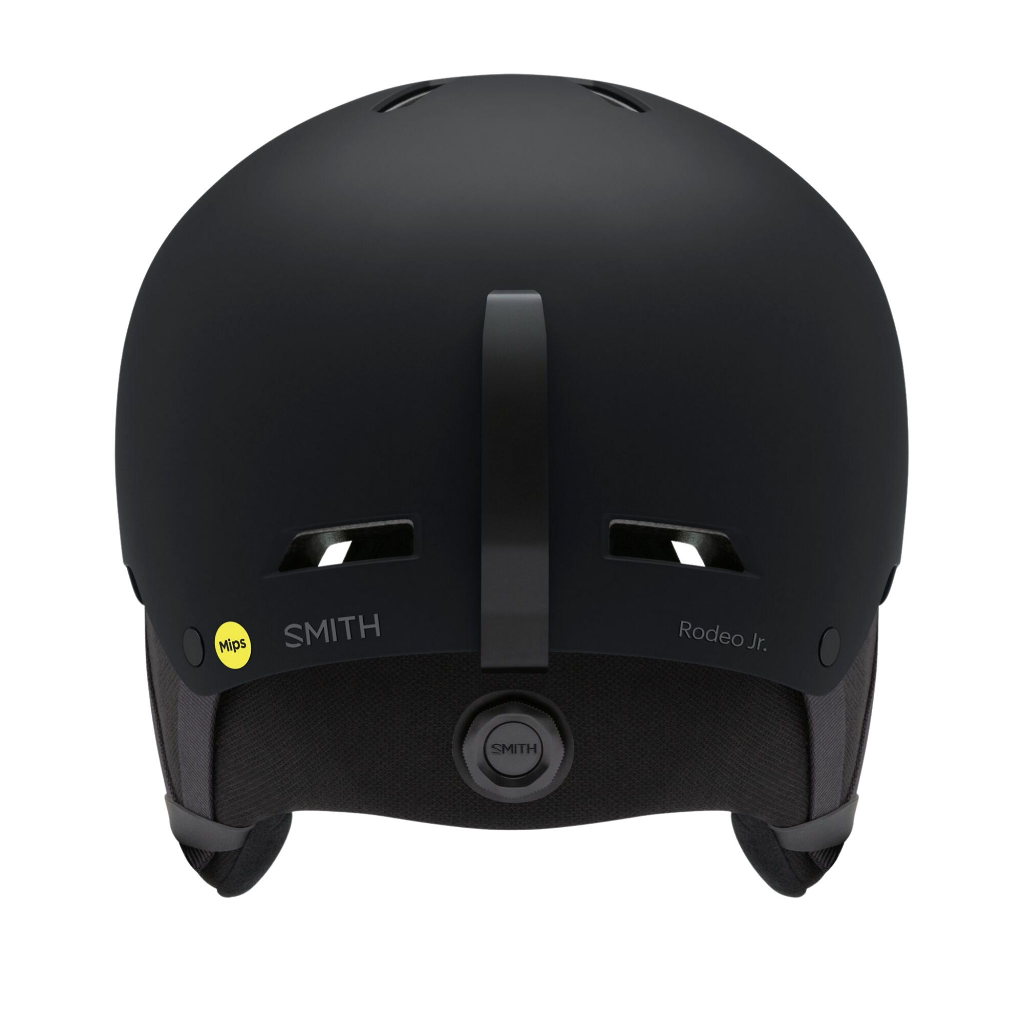 Rear view of Smith Rodeo Jr MIPS snow helmet in Matte Black with adjustable fit system