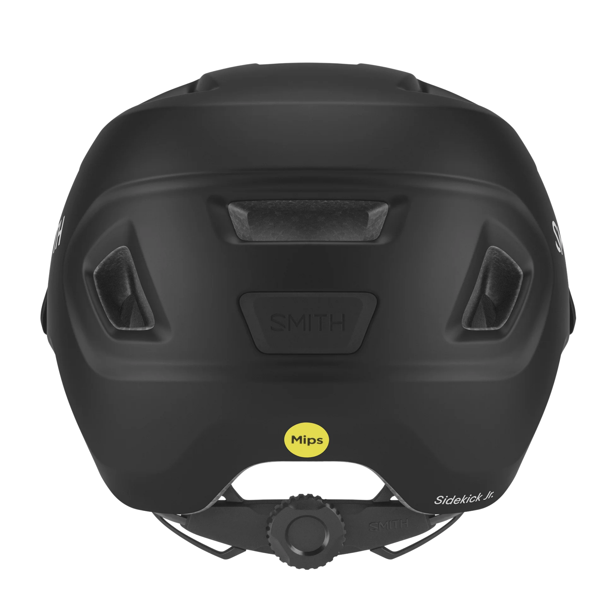 Rear view of Smith Sidekick Jr MIPS mountain bike helmet in Matte Black with adjustable dial fit system