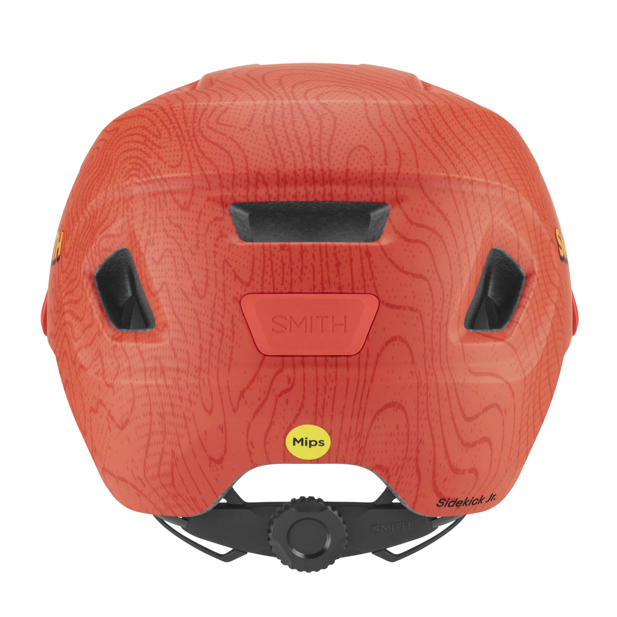Rear view of Smith Sidekick Jr MIPS mountain bike helmet in Matte Blaze with adjustable dial fit system