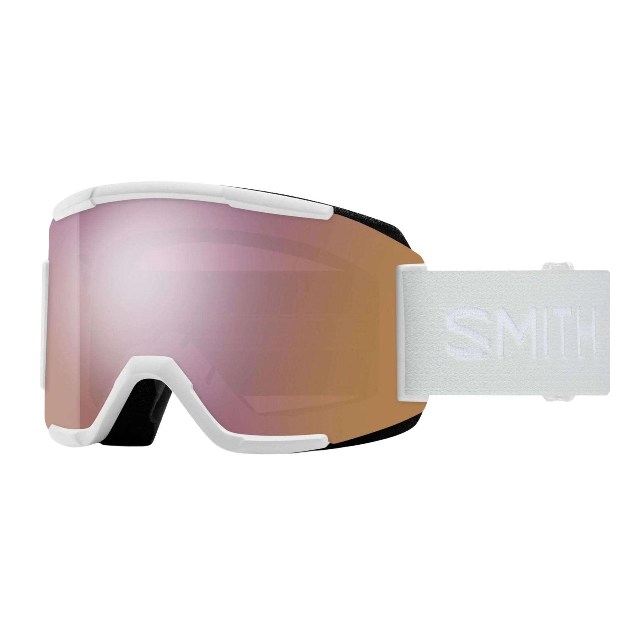Smith Squad S Low Bridge Fit ChromaPop snow goggles in White Vapor/Everyday Rose Gold Mirror, suited for skiing and snowboarding in Whistler