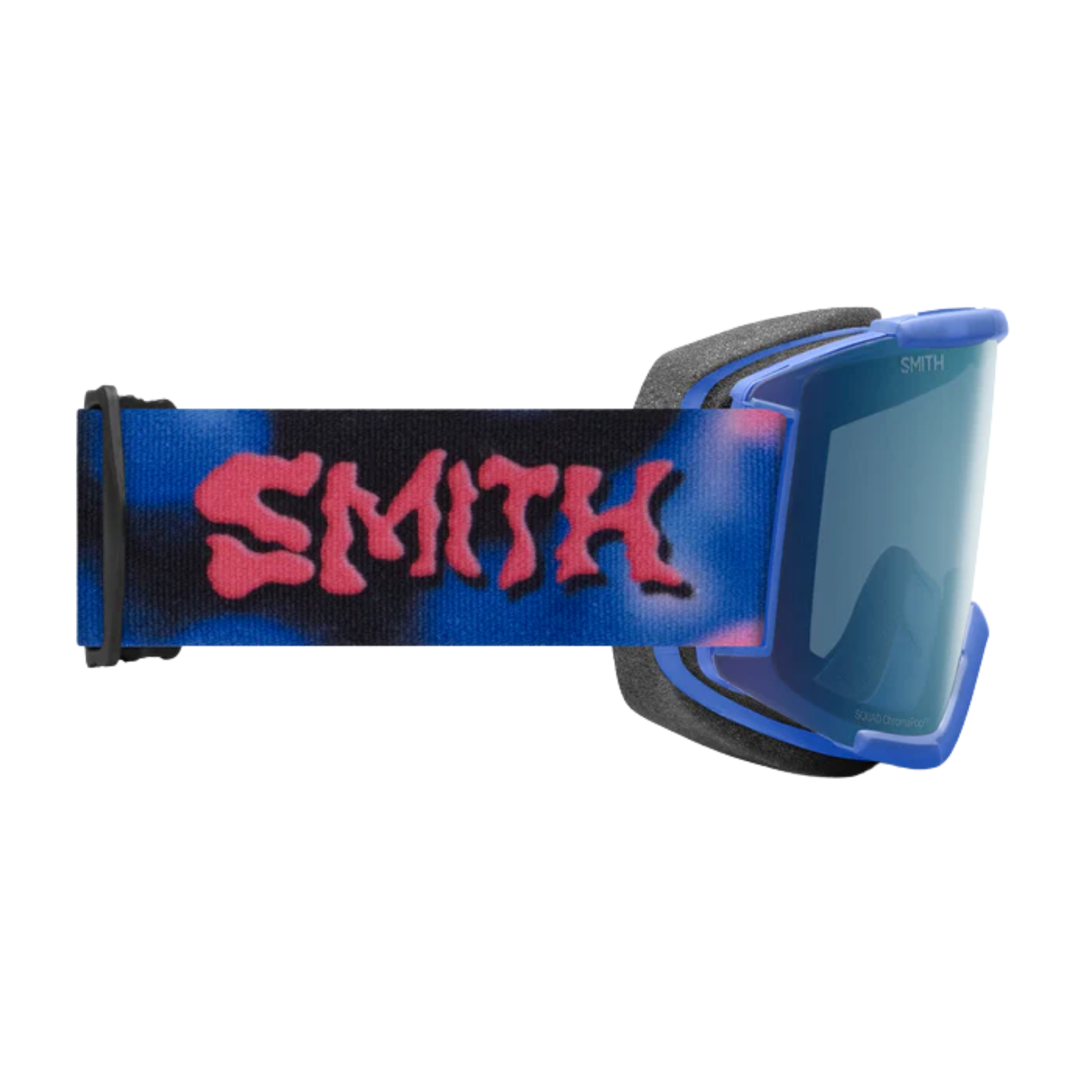 Side profile of Smith Squad MAG Low Bridge Fit ChromaPop snow goggles in Supernova Vibes Everyday Blue+Yellow Mirror with silicone-backed strap