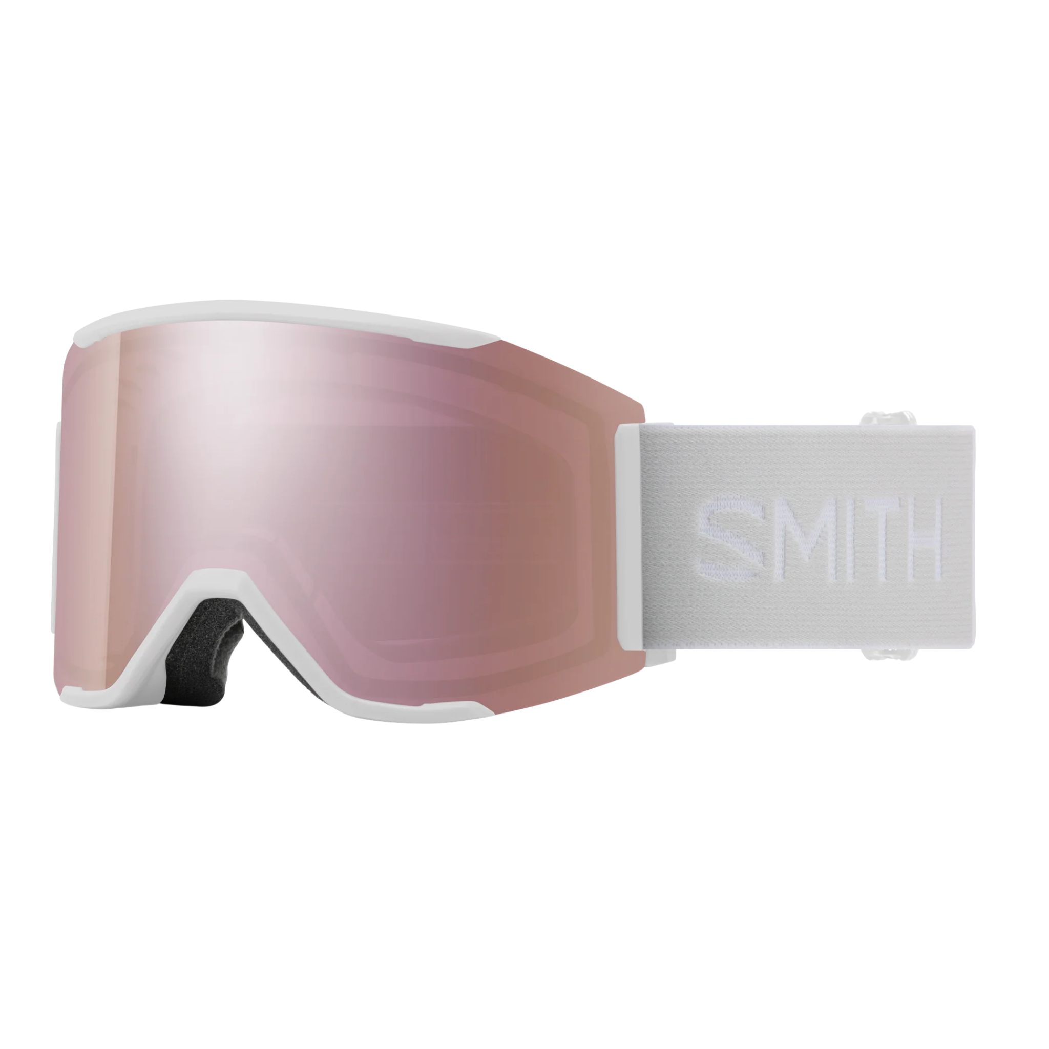 Smith Squad MAG Low Bridge Fit ChromaPop snow goggles in White Vapor/Everyday Rose Gold Mirror for Whistler skiing and snowboarding