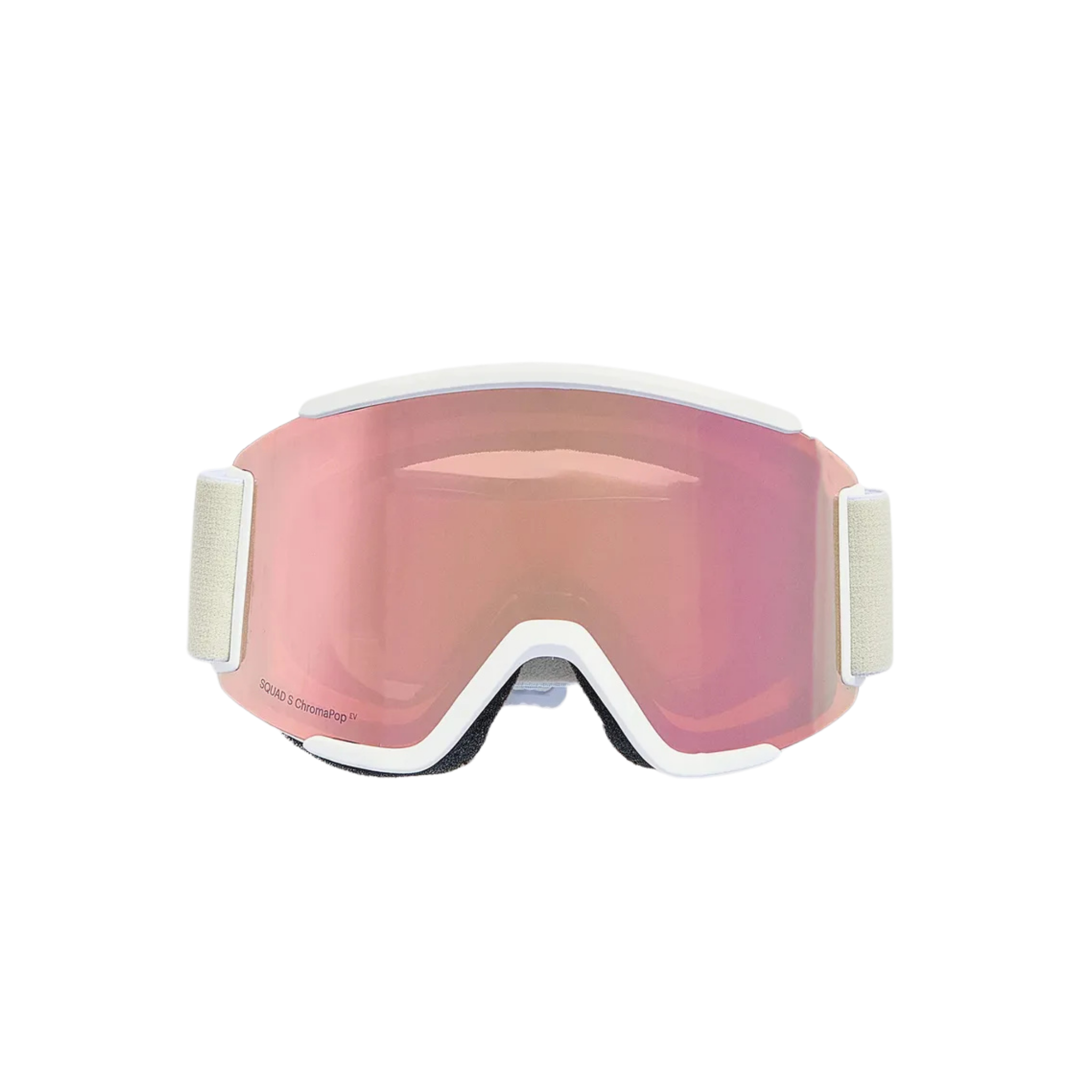 Close-up of the ChromaPop cylindrical lens on the Smith Squad MAG Low Bridge Fit goggles in White Vapor/Everyday Rose Gold Mirror