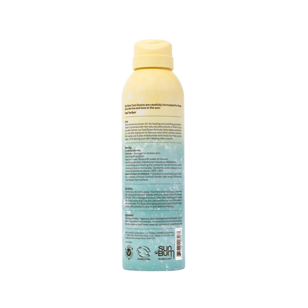 Rear view of Sun Bum After Sun Cool Down Spray showing product label and ingredient information