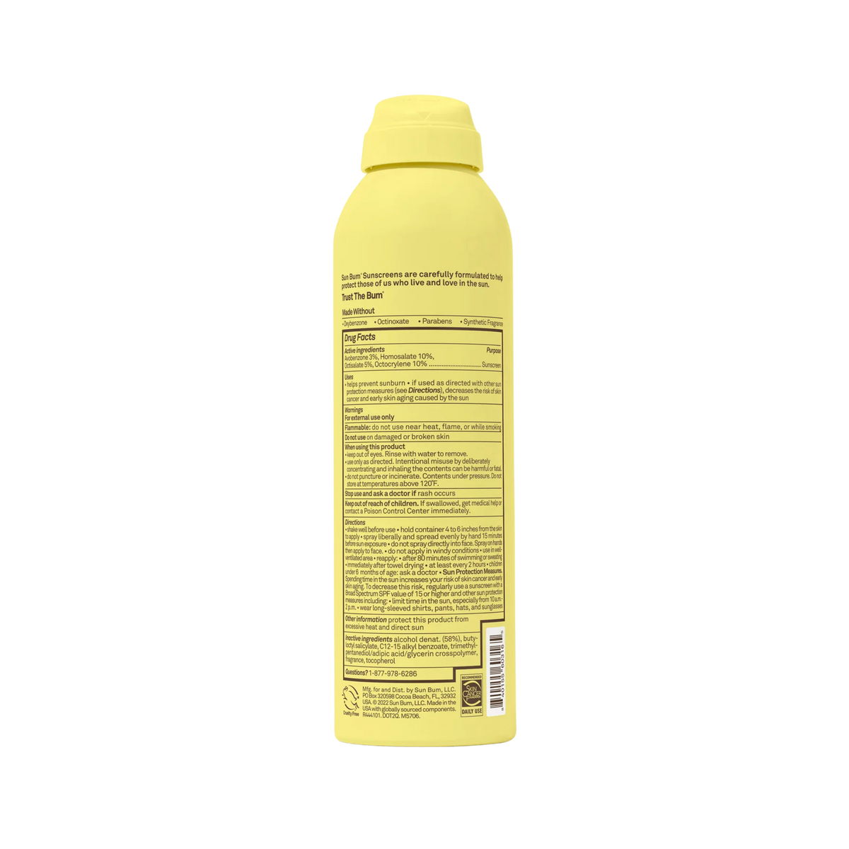 Rear view of Sun Bum Kids SPF 50 Clear Sunscreen Spray showing product label and sunscreen directions