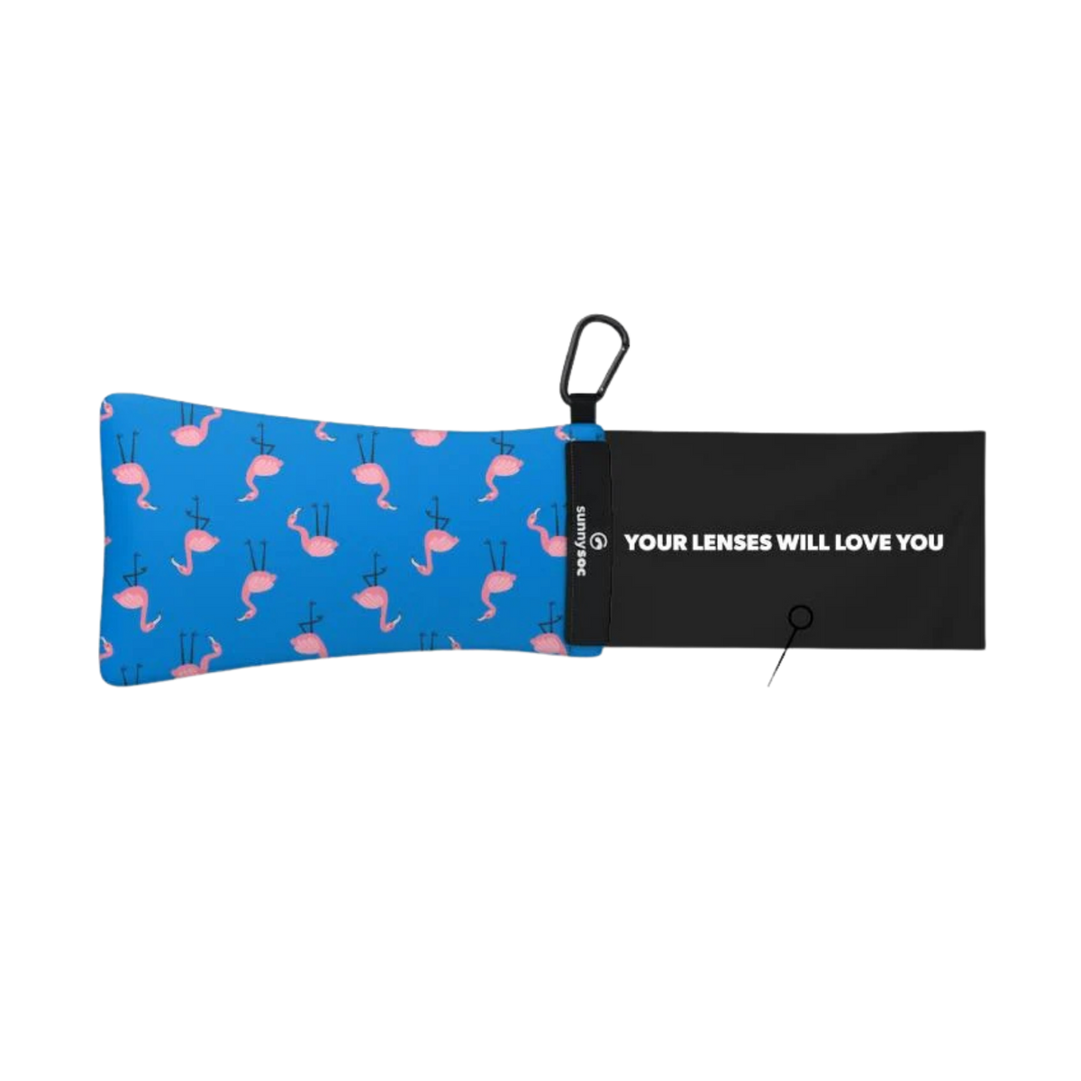 Side view of SunnySoc Sunglass Case in Flamingo design with lightweight flexible microfiber construction for compact eyewear protection
