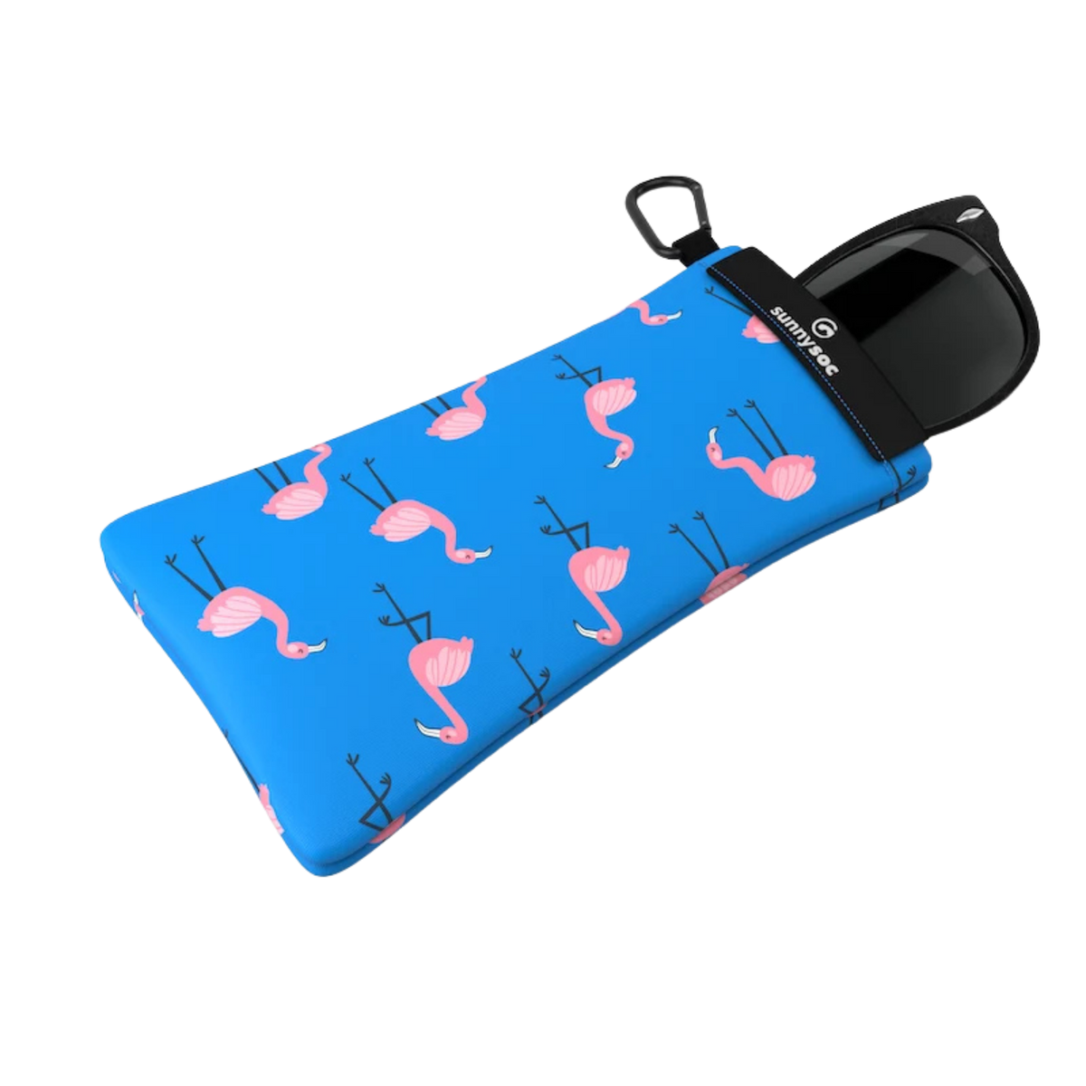 SunnySoc Sunglass Case holding sunglasses in Flamingo design with soft microfiber fabric designed to help protect lenses from scratches and dust