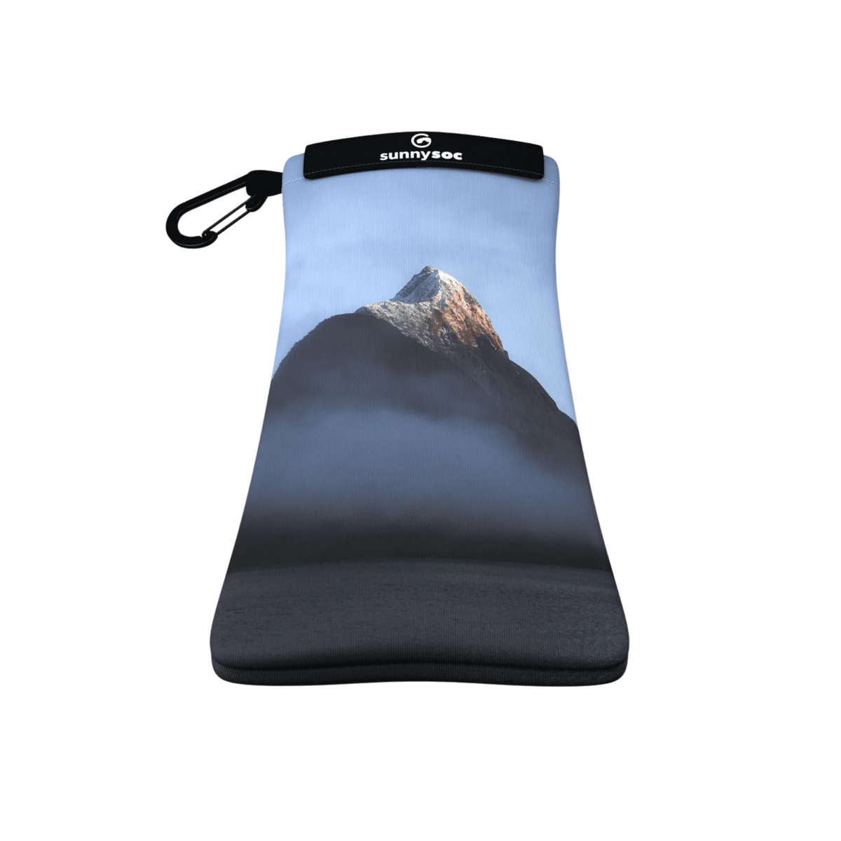 Front view of SunnySoc Sunglass Case in Misty Mountain design with soft recycled microfiber construction and flexible one-size-fits-most design